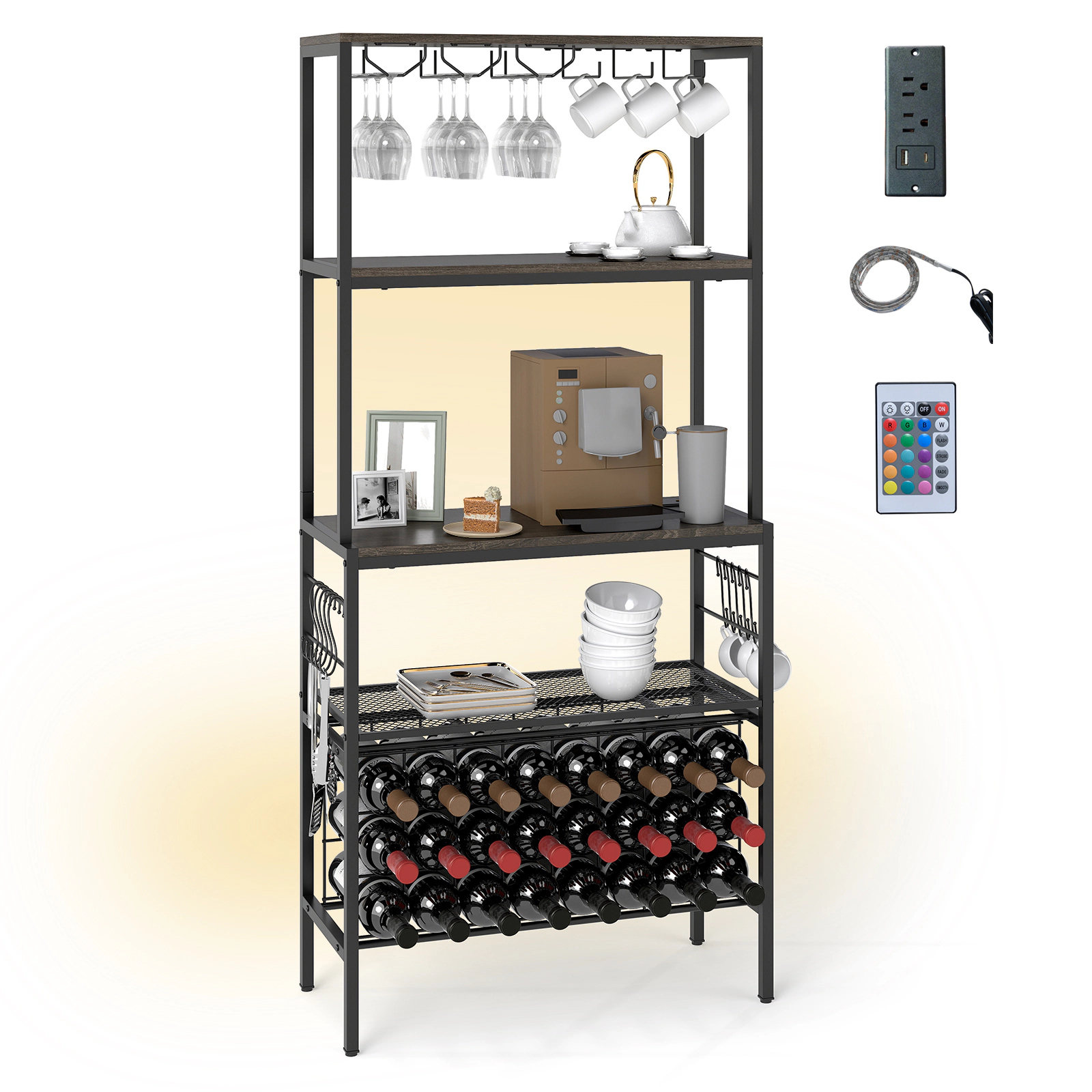 SUGIFT Black 65-in Industrial Wine Rack Bar Cabinet with Power Outlet RGB Light and 24-Bottle Shelf