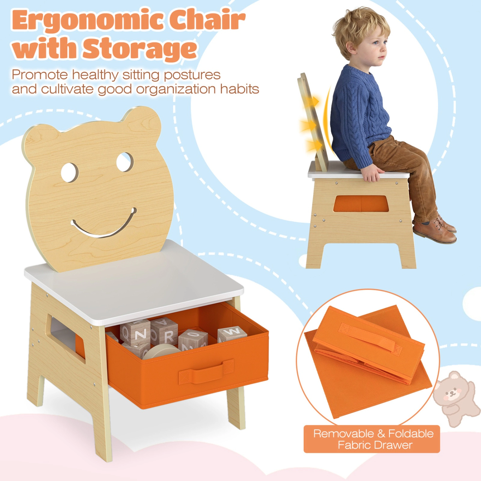 SUGIFT 3-in-1 Kids Art Table & Chair Storage & Reversible Whiteboard Chalkboard 110-lb Tabletop for Ages 3-10 Natural