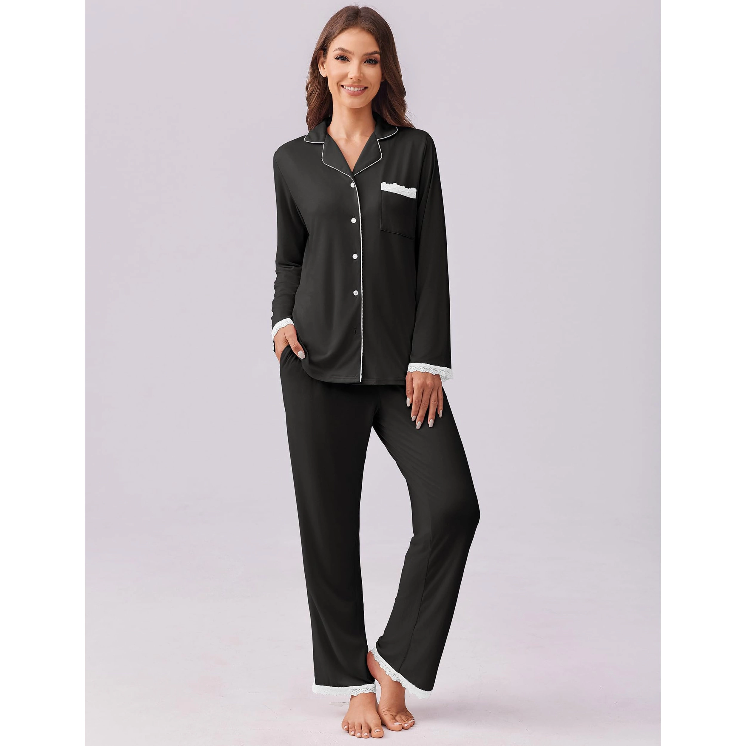 Ekouaer Womens Pajamas Set Long Sleeve Button Down Lounge Pieces Nightwear Lace