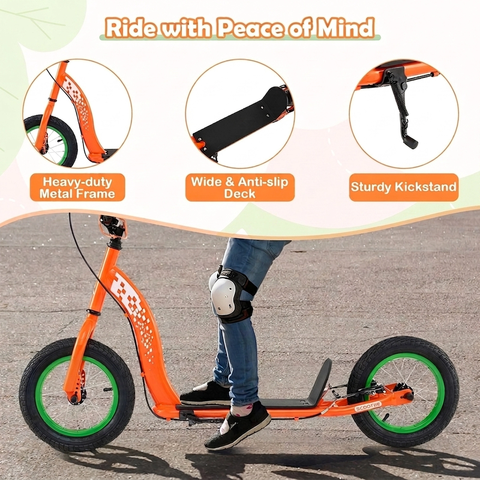 SUGIFT Adjustable Handlebar Youth Kick Scooter with 12-in Inflatable Wheels 165-lb Capacity Ages 8-12 Orange
