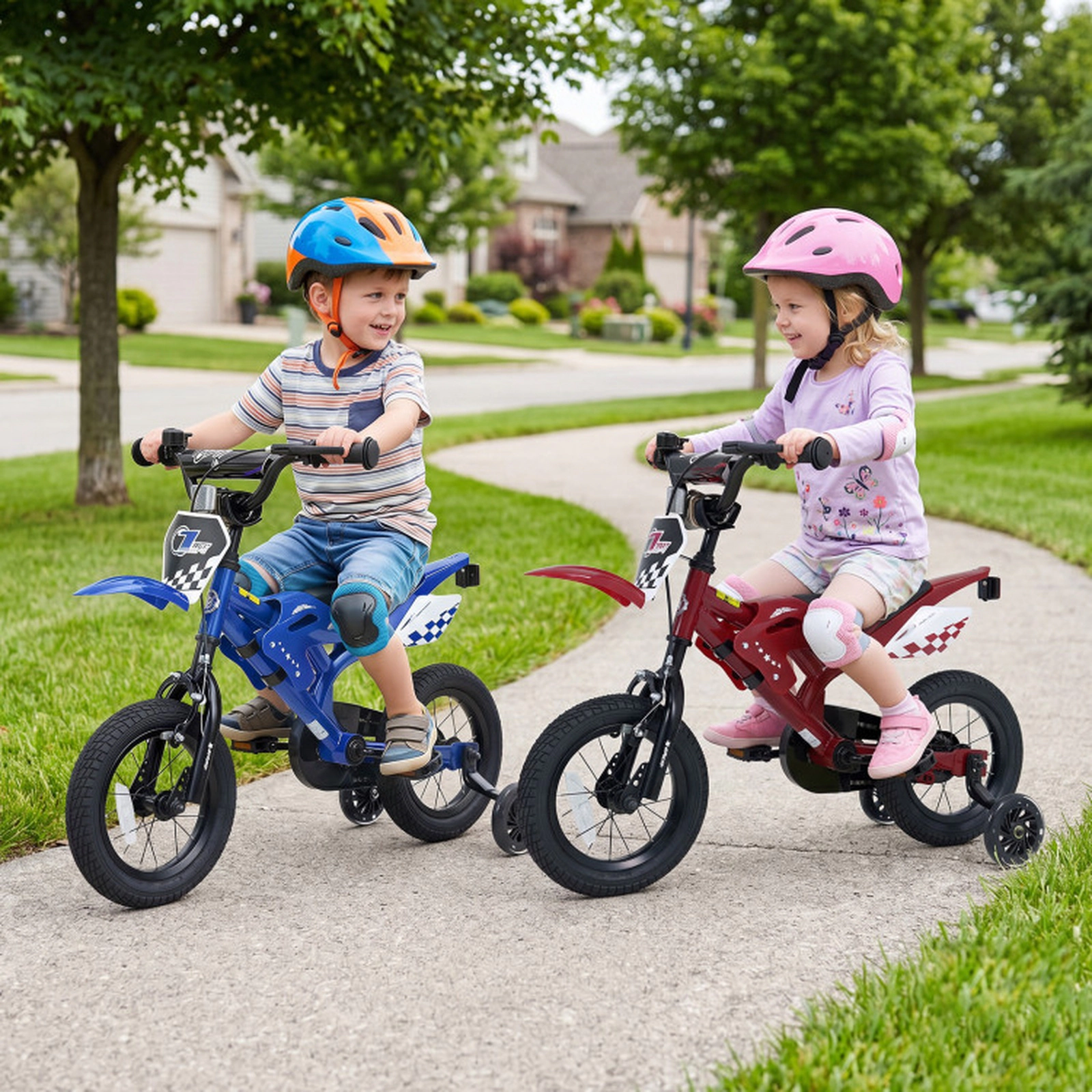 SUGIFT Motorcycle-Inspired 12-Inch Kids Bicycle with Training Wheels 143-lb Capacity Ages 3-4 Years Blue
