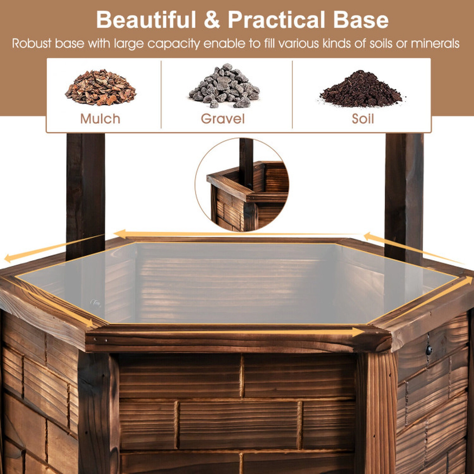 SUGIFT Brown Rustic Fir Wood Wishing Well Planter with Hanging Bucket 24.5-in W 24.5-in D 49-in H 21-in Base