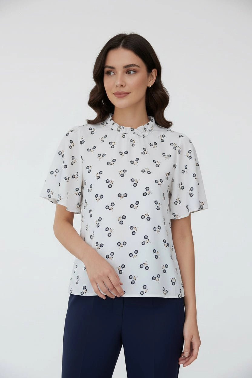 DressAtR Women's Ruffle High Neck Button Back Short Sleeve Blouse