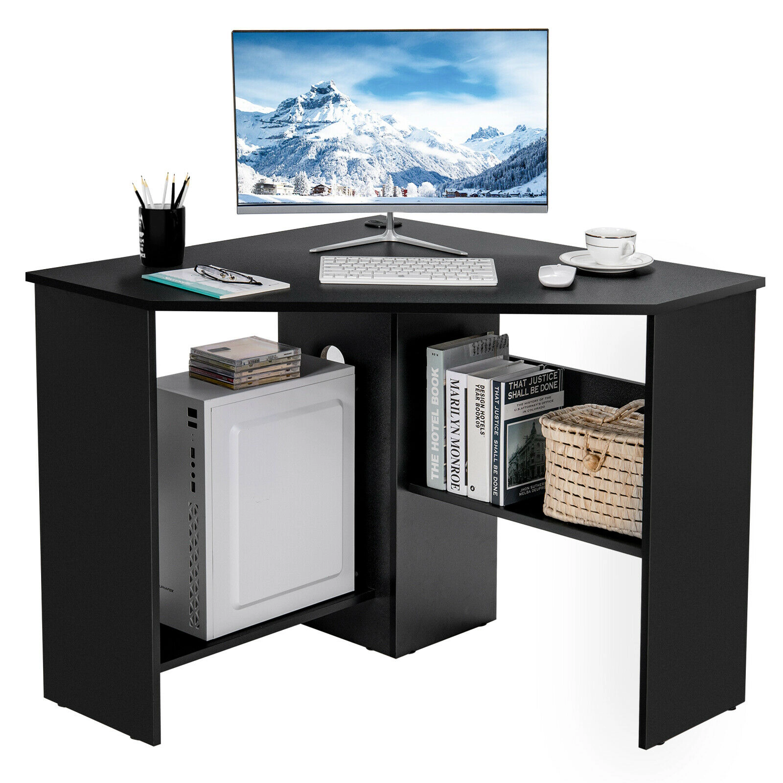 SUGIFT 48-In White Triangle Corner Computer Desk with Storage Shelf