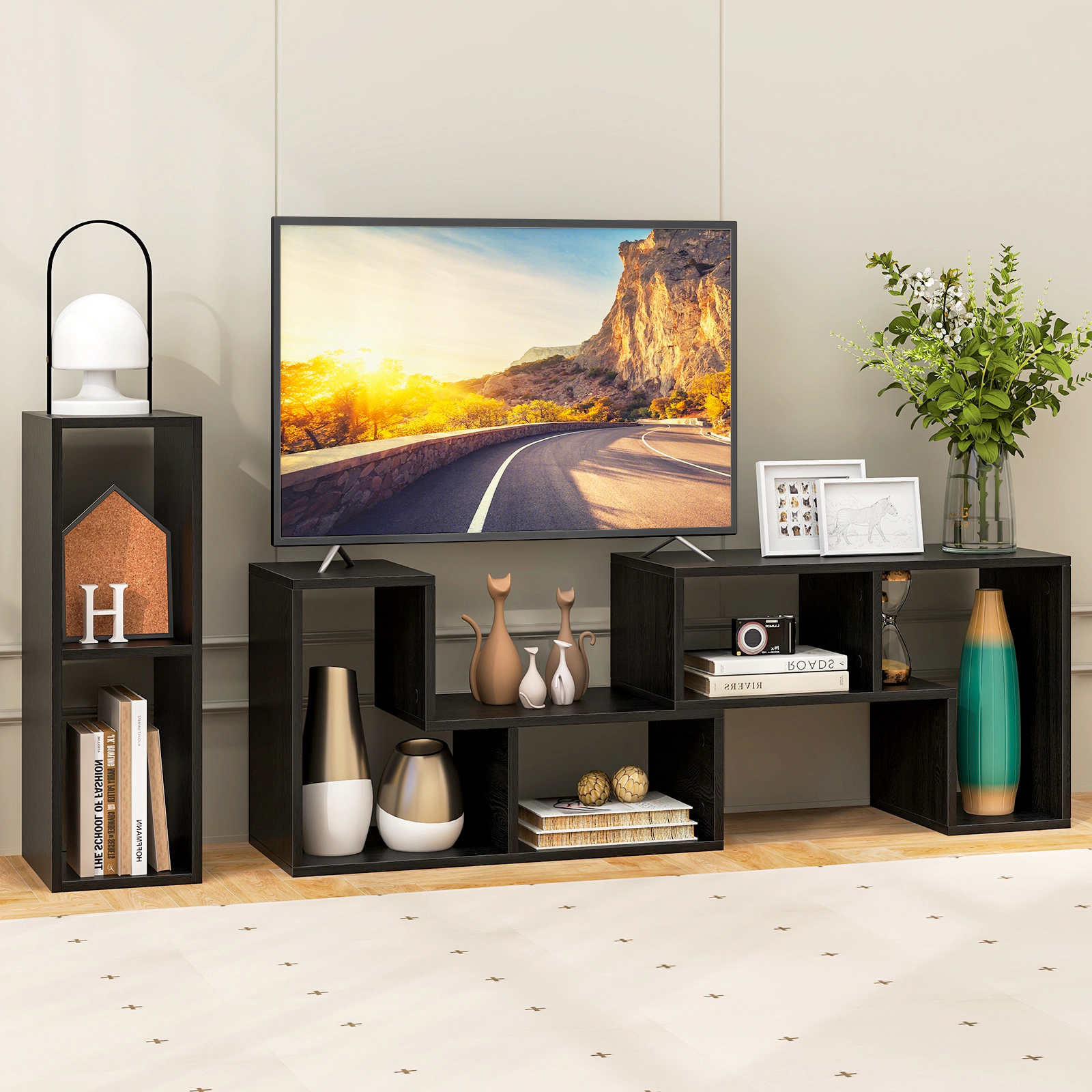 SUGIFT 3-Piece Black TV Stand for TVs up to 65 Inches, 6 Open Storage Bays