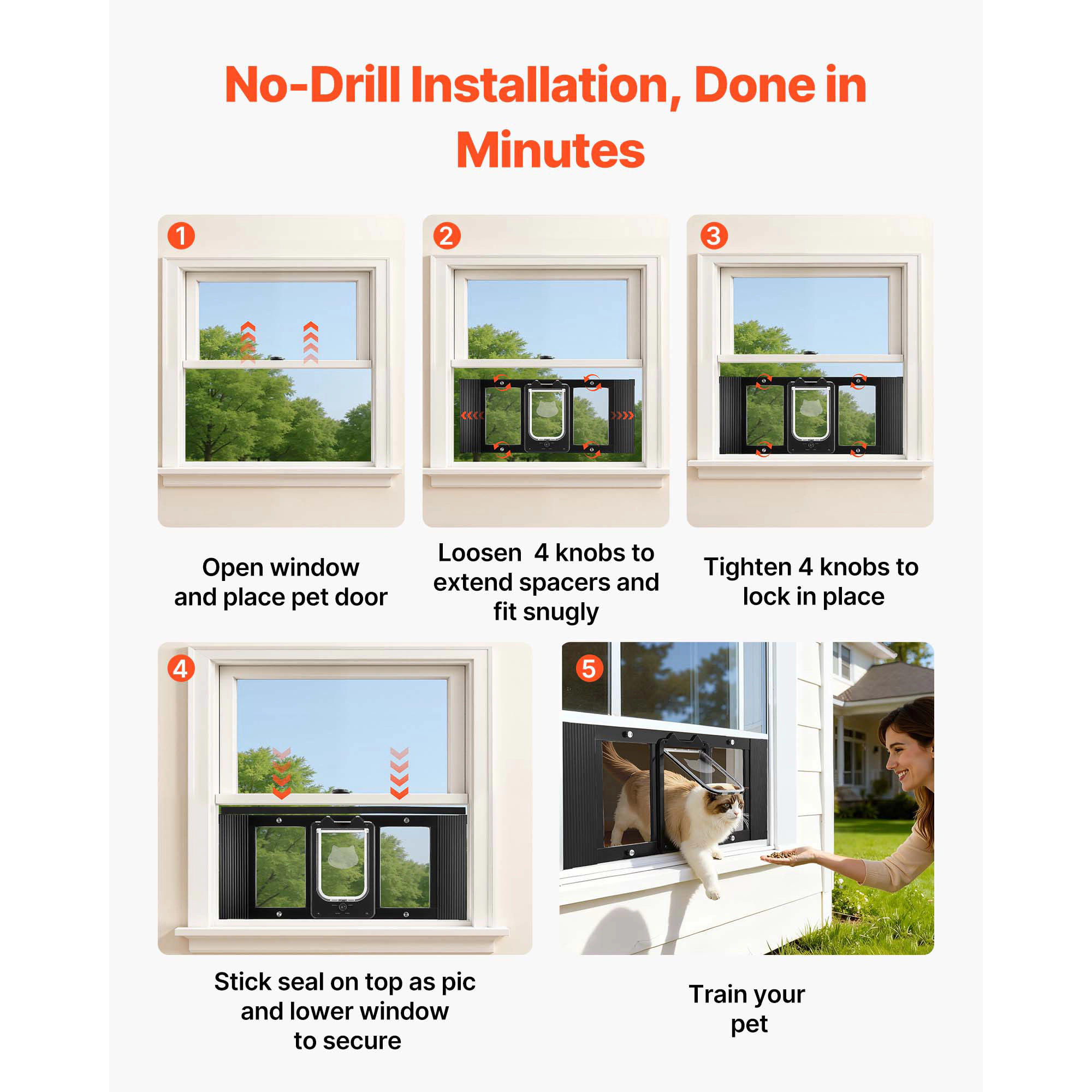 HONGGE Cat Door for Window, Adjustable 31 to 36 Inch Width, 4-Way Lock, Aluminum Frame with Magnetic Closure, Black