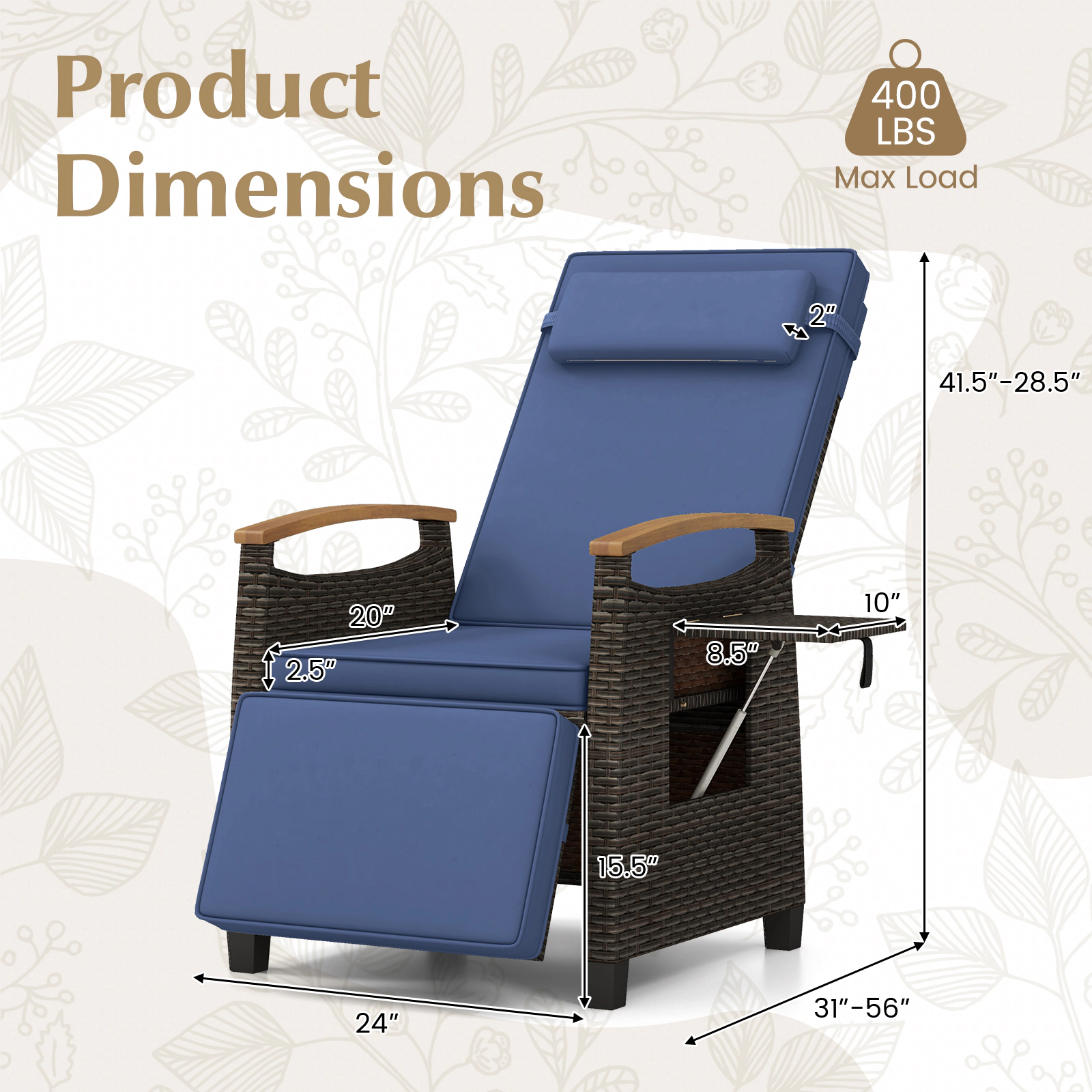 SUGIFT Side Table Navy Patio Wicker Recliner Chair 150-Degree Adjustable Backrest and Footrest