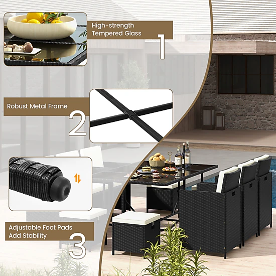 Glintex 11-Piece Nesting Rattan Dining Set with Tempered Glass Table ...