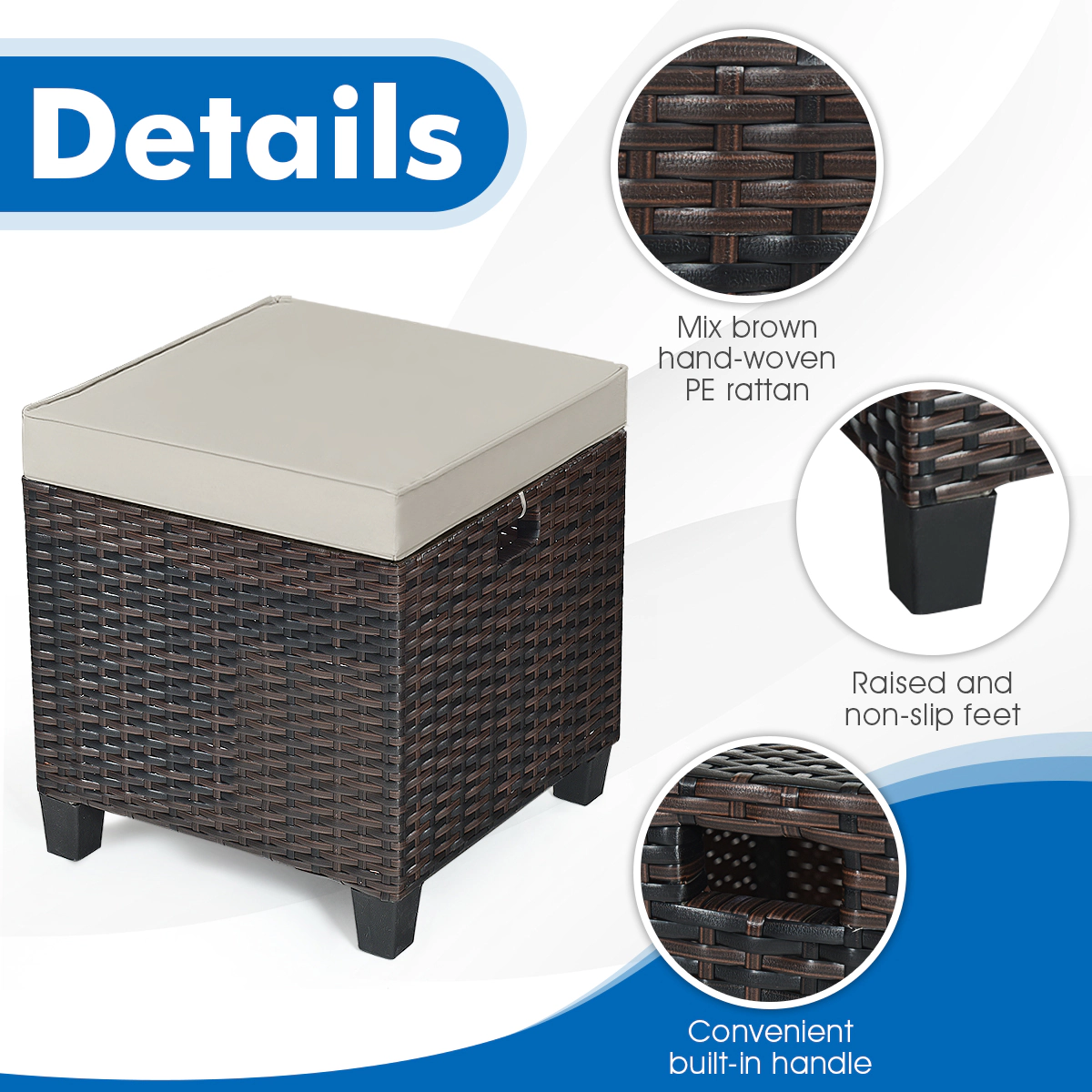 SUGIFT Patio Rattan Ottoman with Removable 2.5-in Cushion 375-lb Capacity Beige