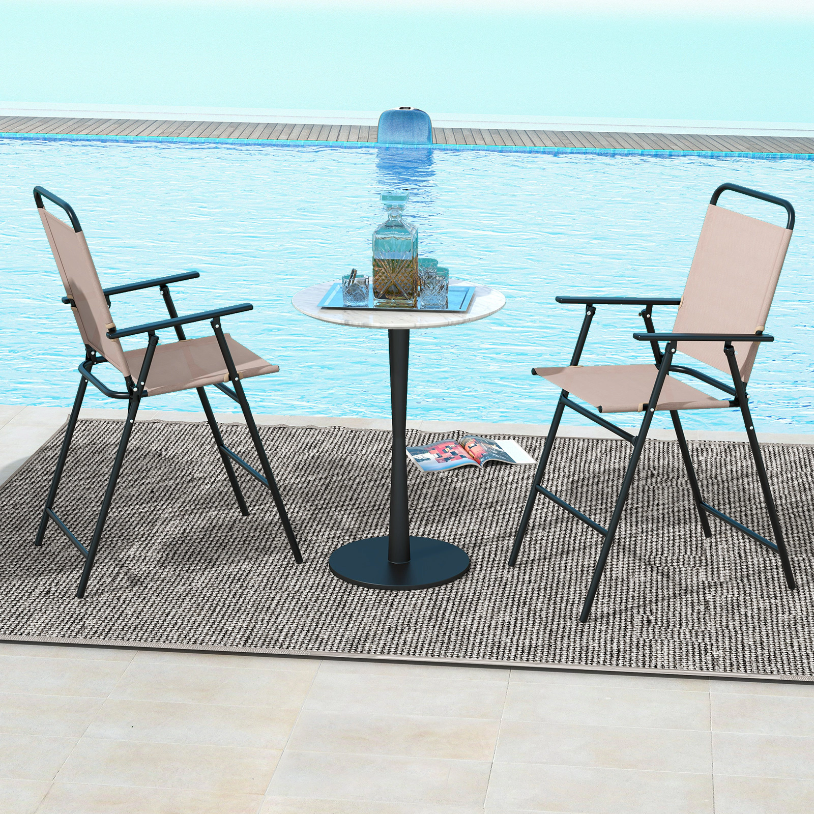 SUGIFT Set of 2 Beige Folding Bar-Height Patio Chairs, 24-Inch Seat, Mesh, Armrests and Footrests