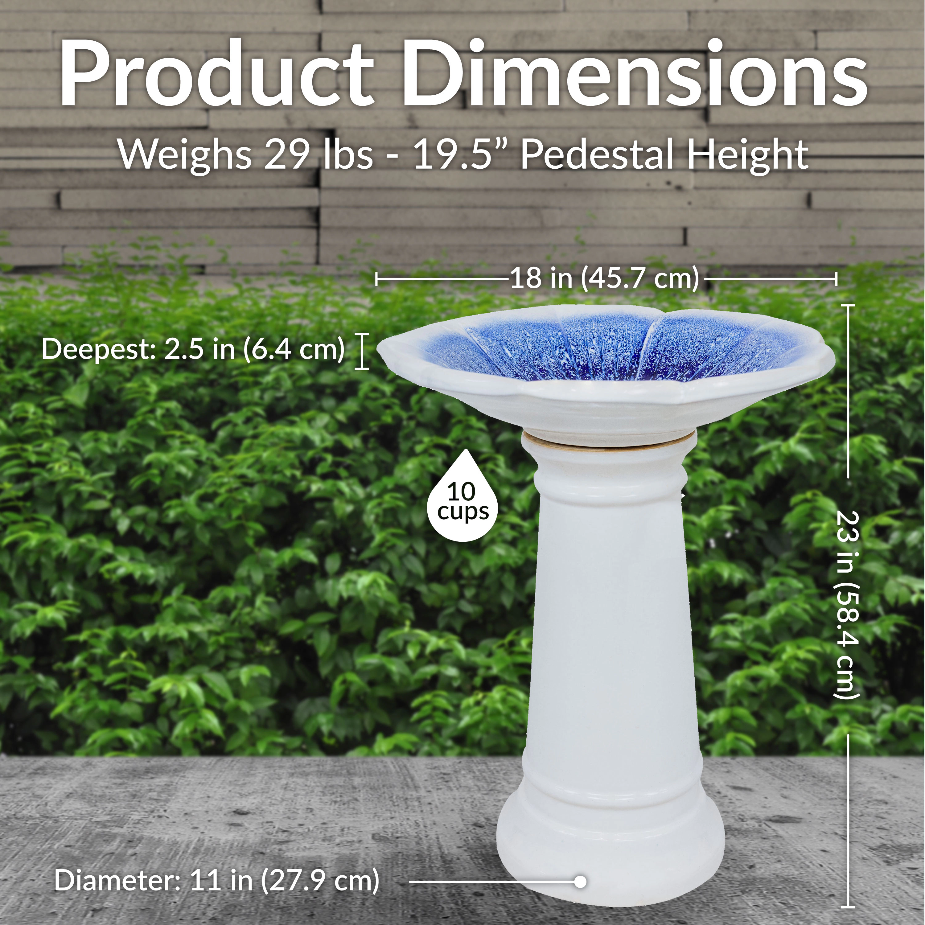 Sunnydaze Misty Blossom Ceramic Bird Bath for Outdoors, 23” H, White & Blue