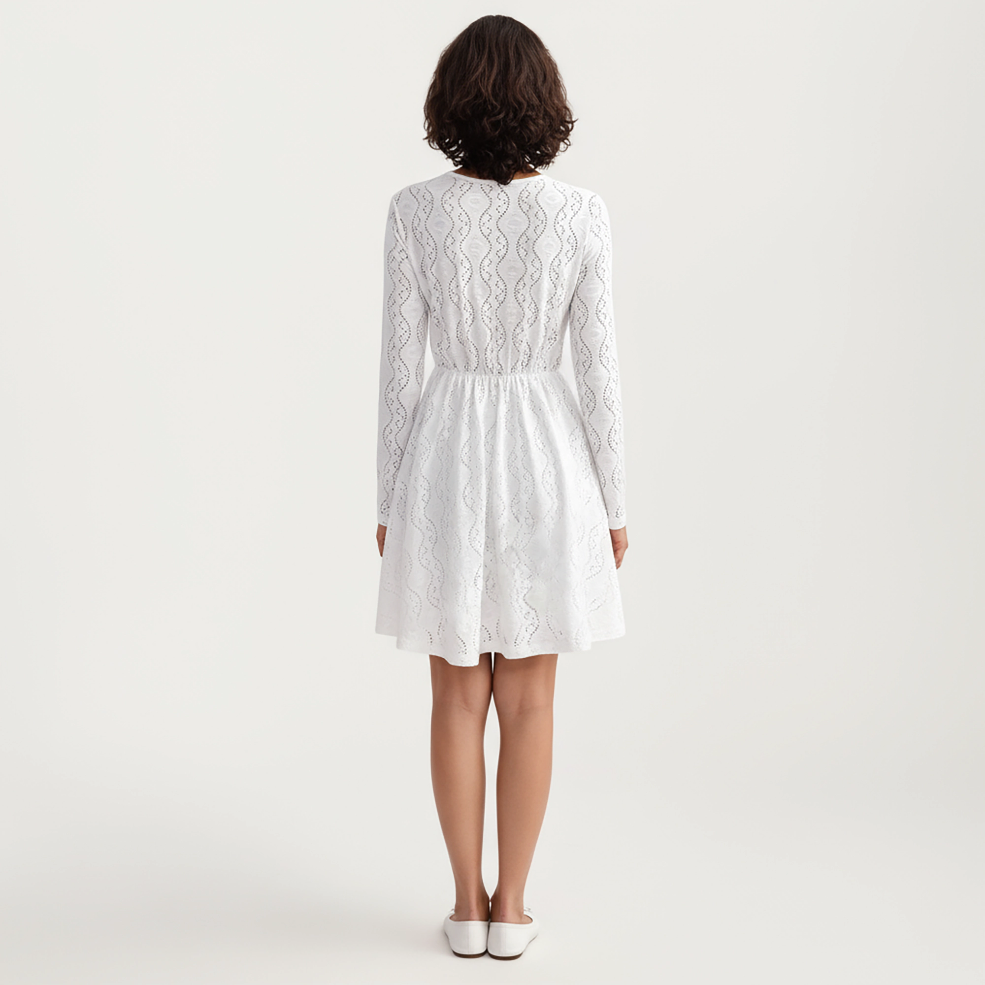 Anna-Kaci Women's Long Sleeve Lace V Neck Sheer Waist Detail Mini Dress