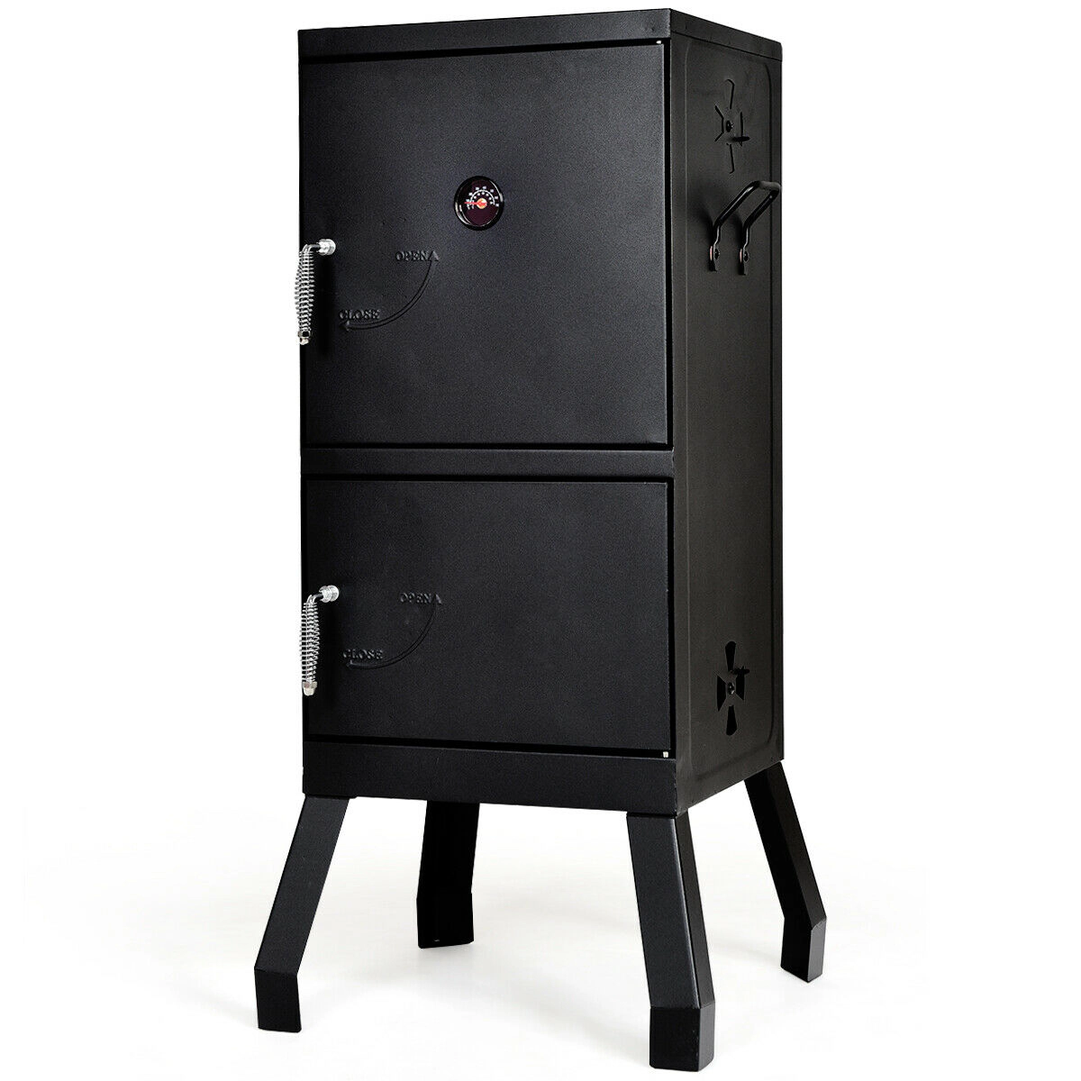 SUGIFT Vertical 2-Tier Black Charcoal Smoker Grill with Temperature Gauge Water Pan and Lockable Doors