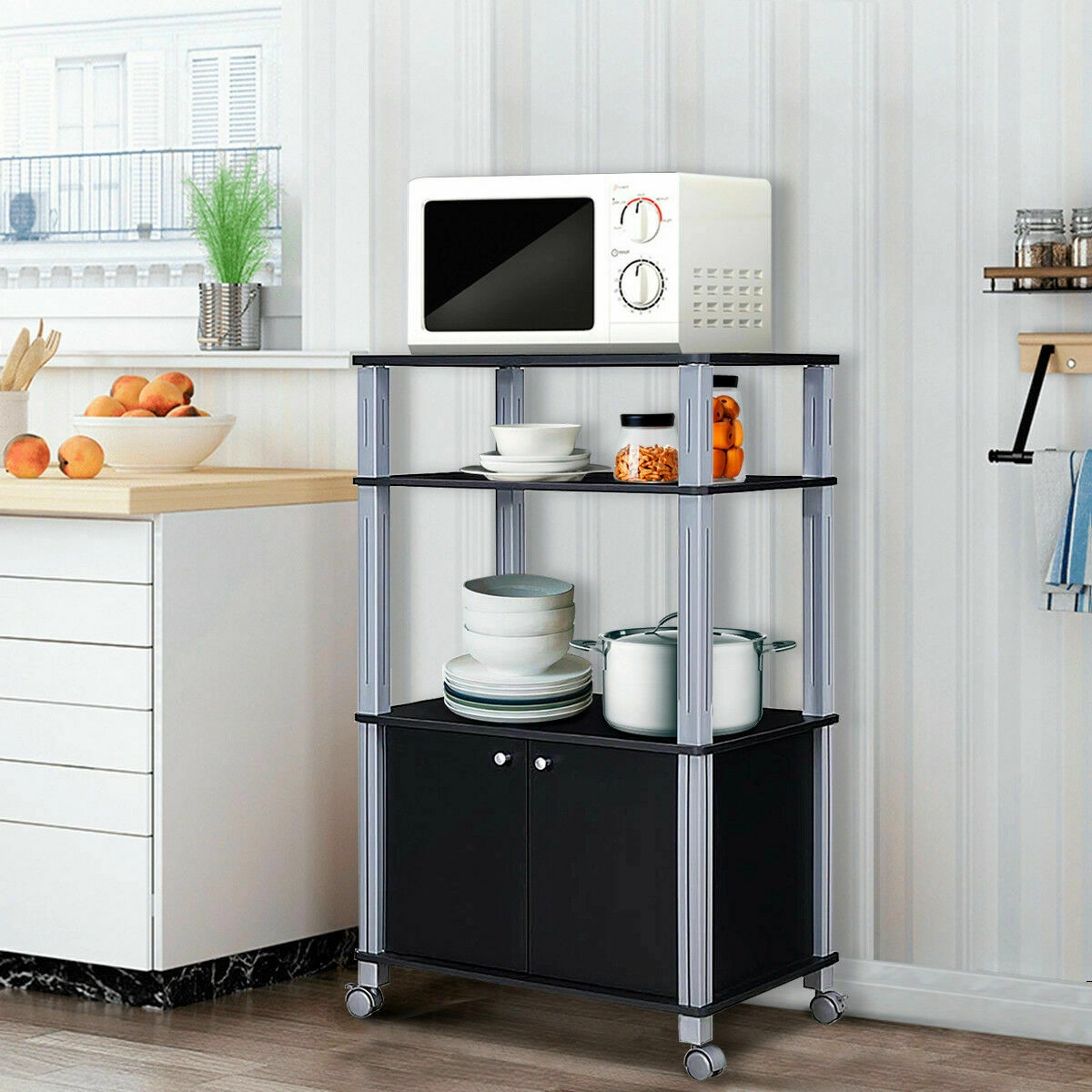 LJG Microwave Rack Stand Rolling Storage Cart
