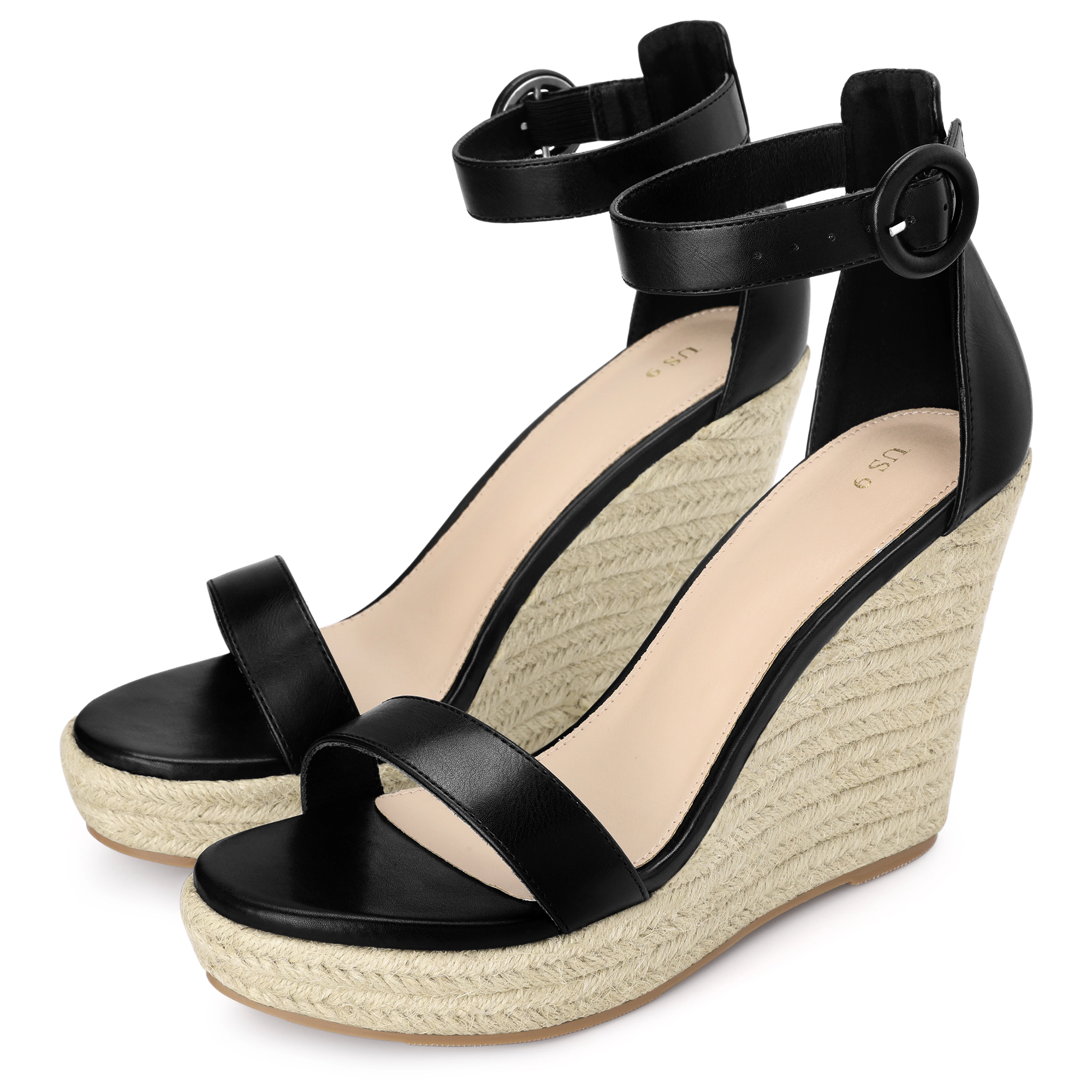 BLISSFUL STEP Women's Faux Leather Platform Wedge Ankle Strap Espadrille Sandals