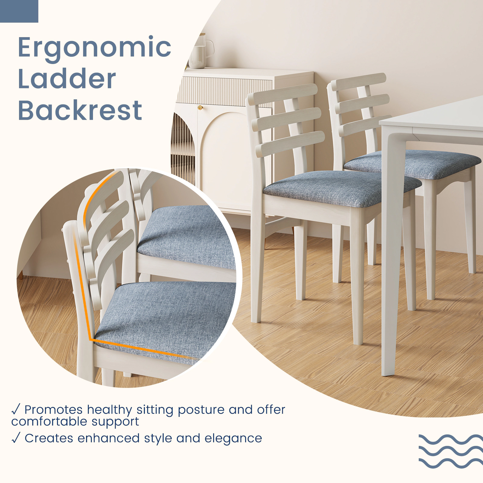 SUGIFT Set of 2 Light Blue Fabric Ladder-Back Dining Chairs with Padded Seats