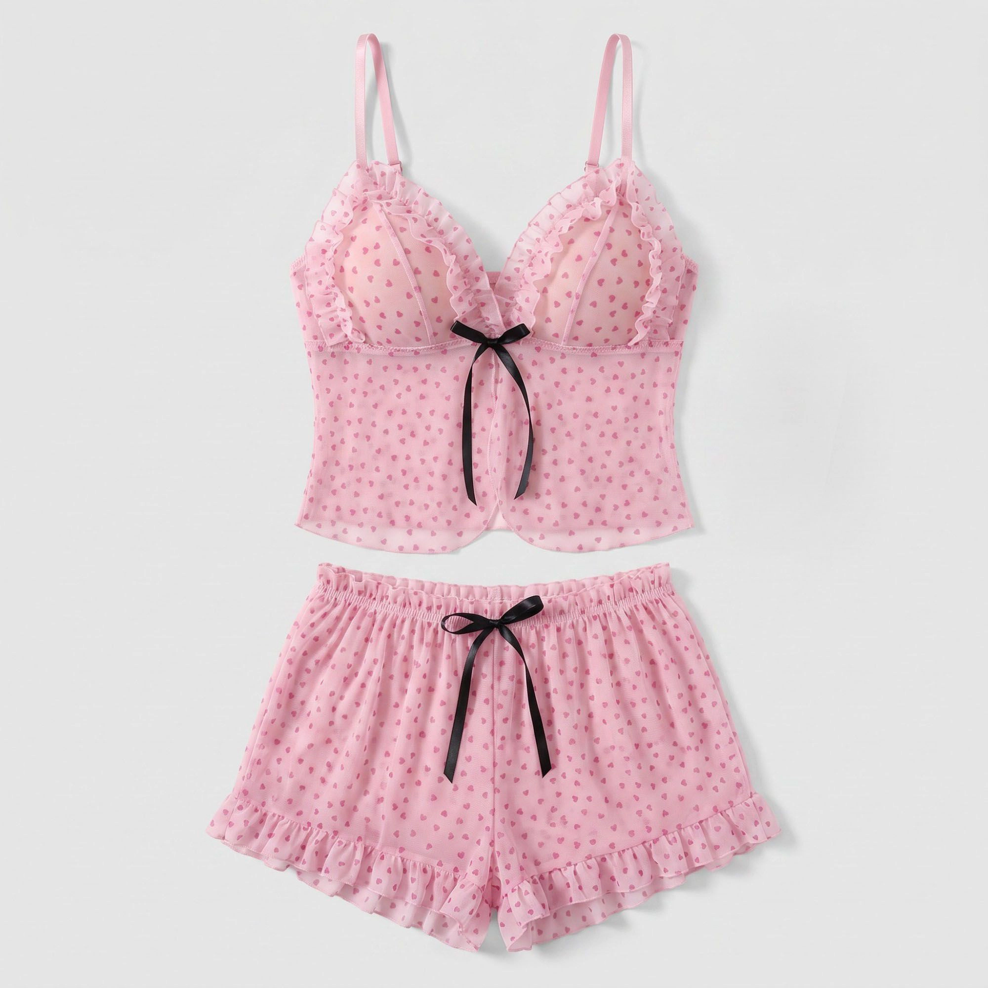 Anna-Kaci Women's Heart Print Mesh Ruffle Cami and Shorts Lingerie Set