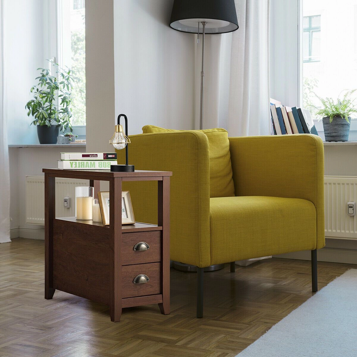 SlickBlue Set of 2 Compact Side Table with Drawers and Tier Shelves
