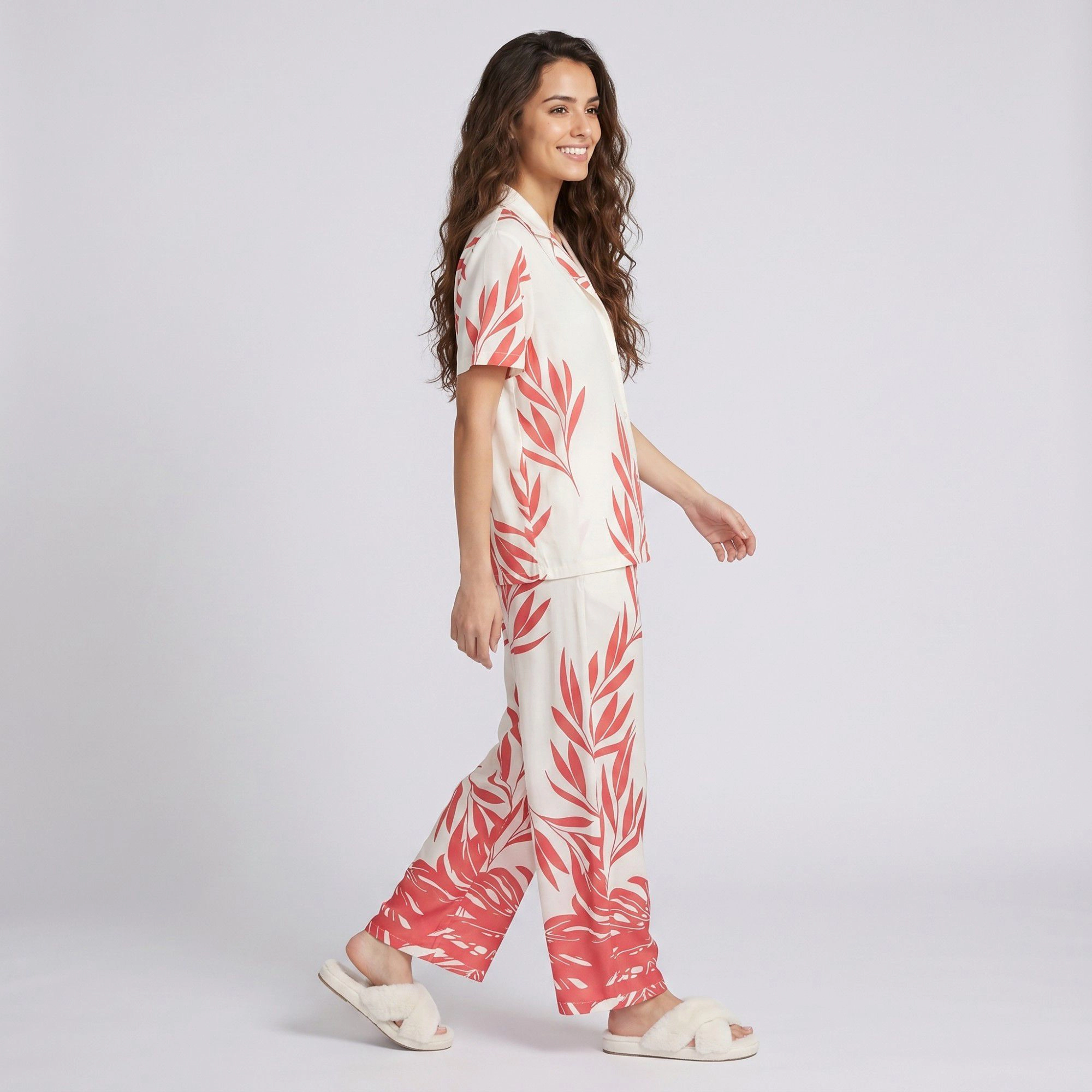 Anna-Kaci Women's 2-Piece Botanical Print Pajama Set with Short Sleeve Button Top and Wide Leg Pants