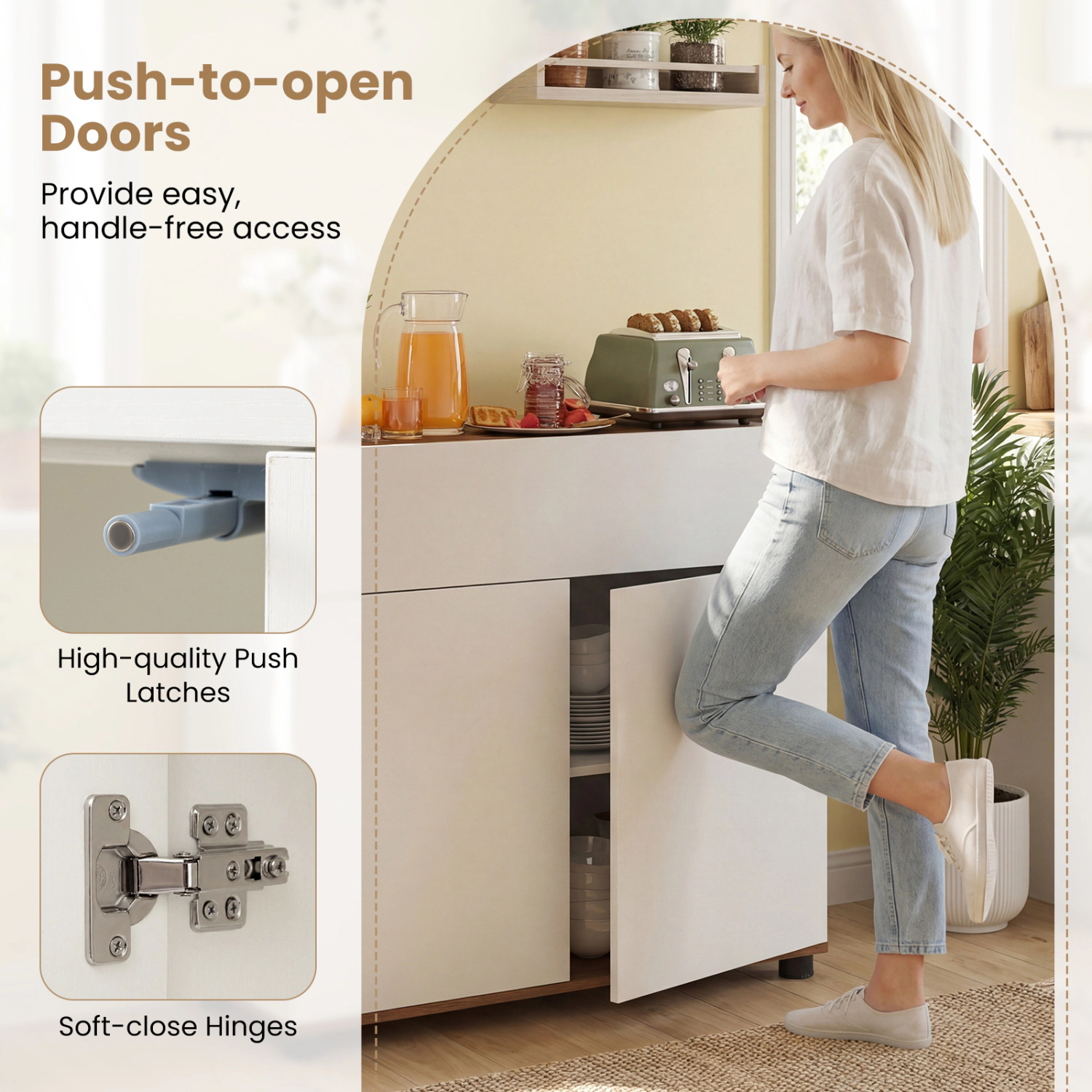 SUGIFT 31.5-in 88-lb Countertop White Wooden Sideboard Buffet Cabinet with Push-to-Open Doors and Wide Drawer