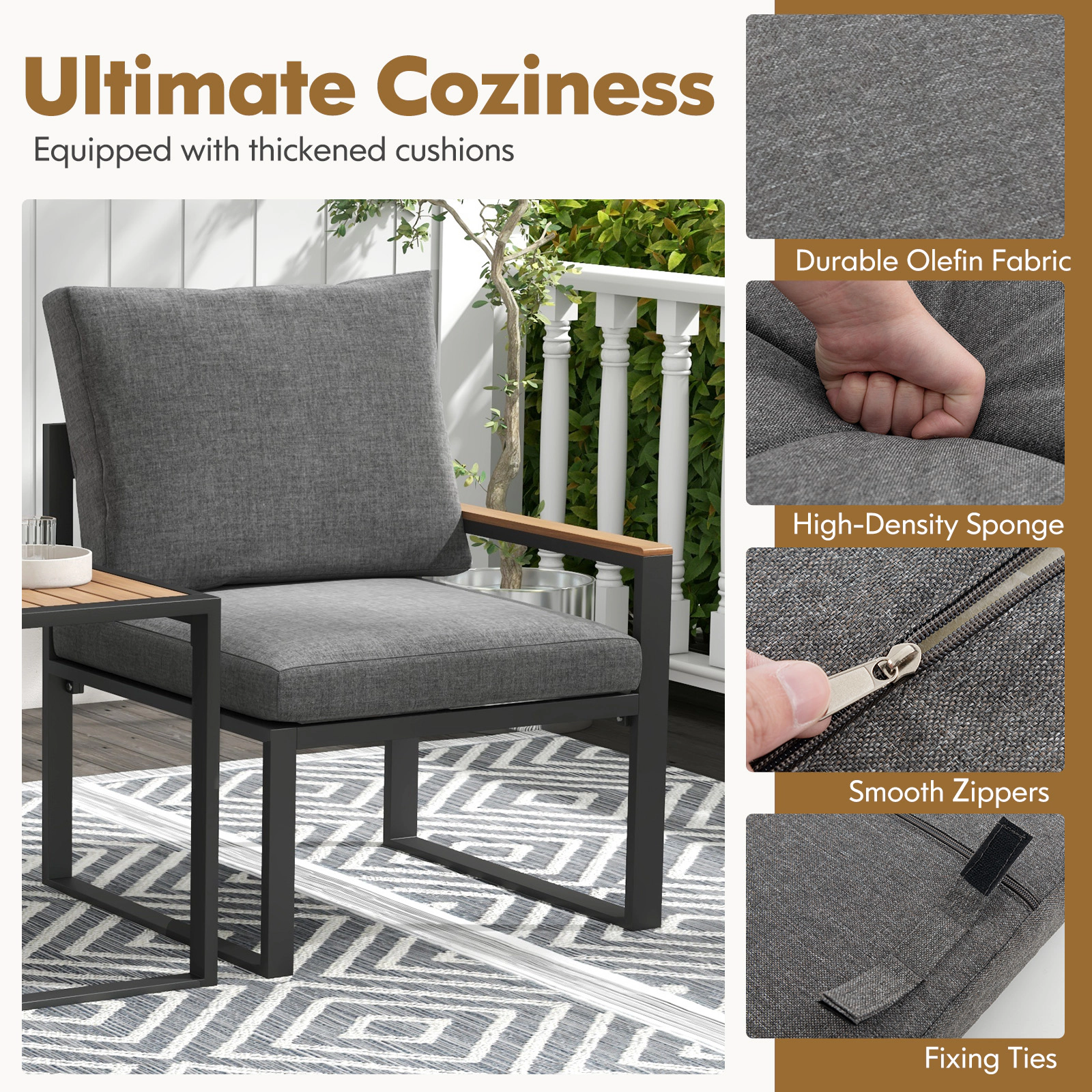 SUGIFT 3-Piece 330-lb Capacity Gray Aluminum Frame Weatherproof Patio Conversation Set with WPC Tabletop