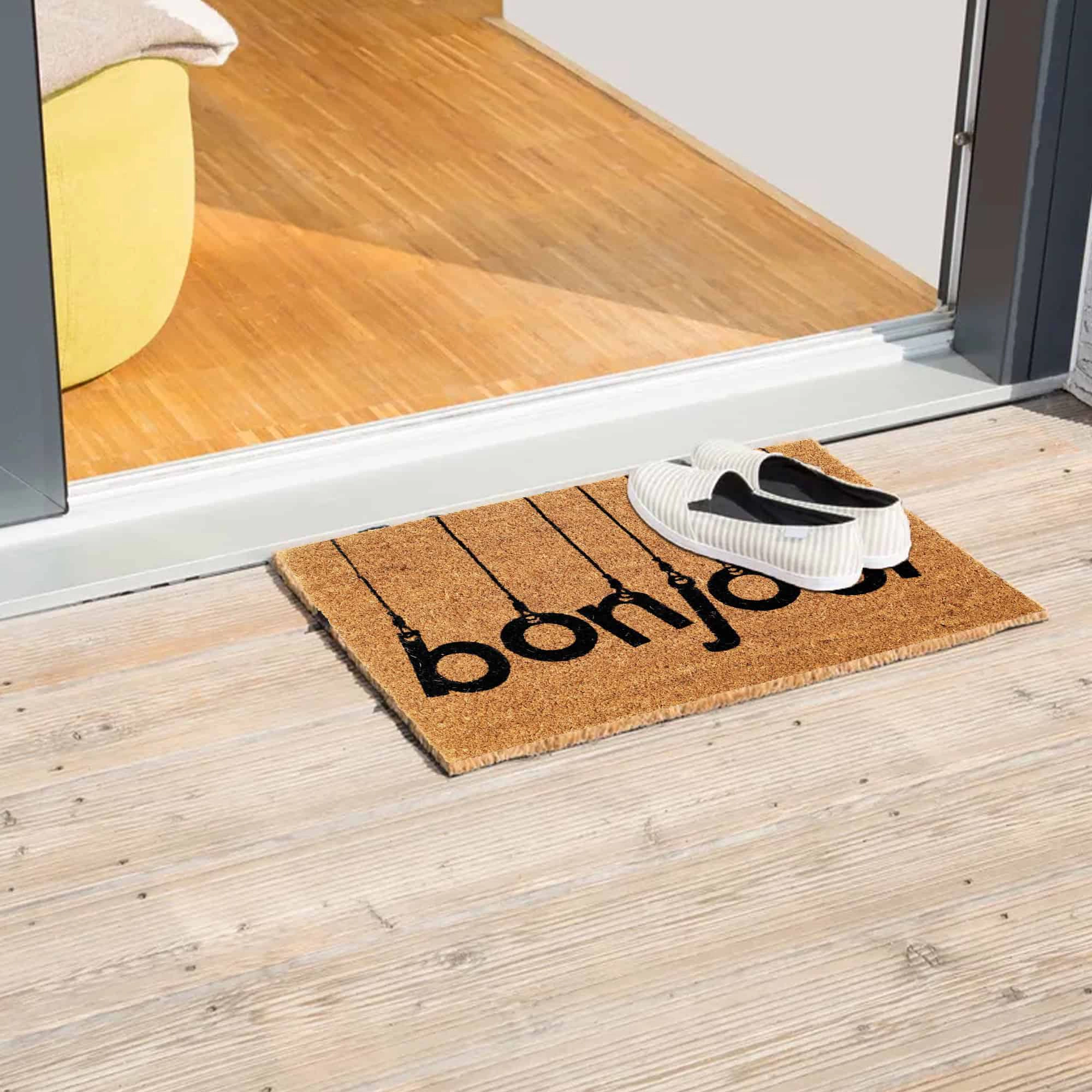 Evideco French Home Goods Natural and Black Bonjour Coir Doormat 24 x 16 Inches