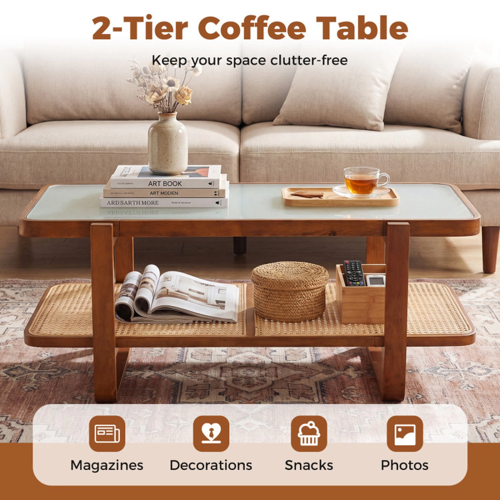 SUGIFT 2-Tier Rattan Coffee Table with Tempered Glass Top and Storage Shelf 41.5 x 20 x 18 in 220-lb Capacity Walnut