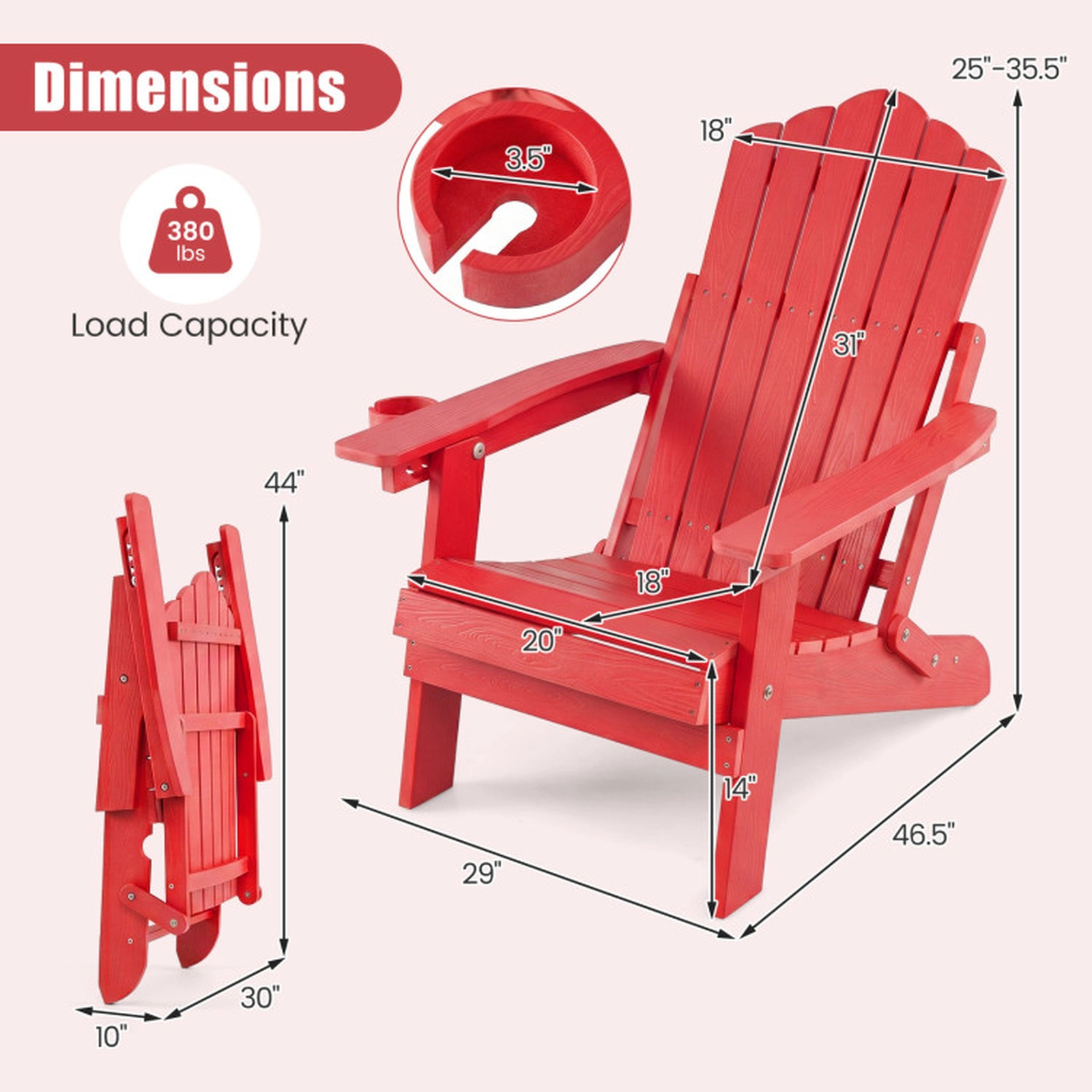 SUGIFT Set of 2 330-lb Capacity Red 5-Level Reclining Folding HIPS Adirondack Chairs with Swivel Cup Holder