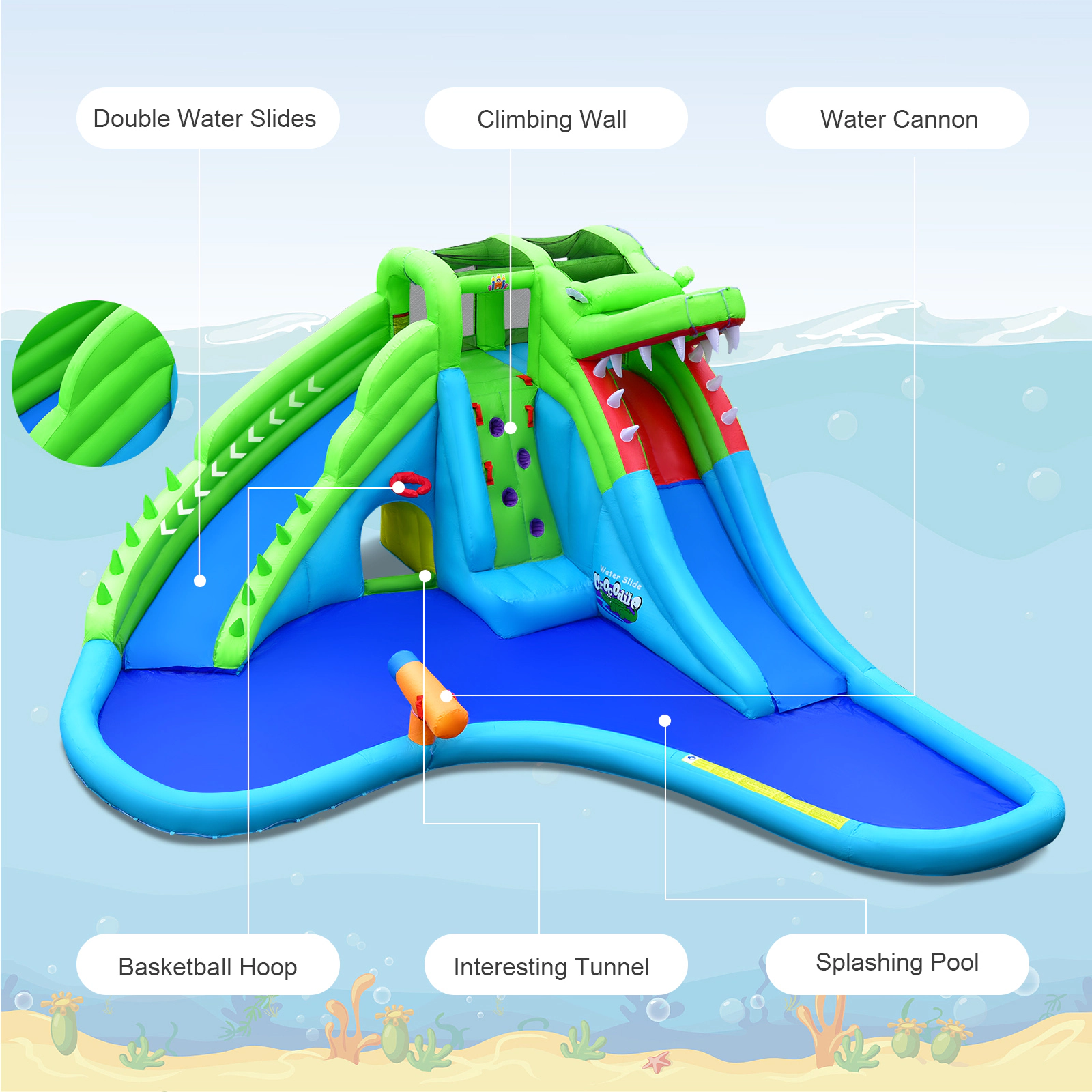SUGIFT Inflatable Crocodile Style Water Slide Kids Bounce Castle 300-lb Capacity Ages 3-10 Blue Green with 780W Blower