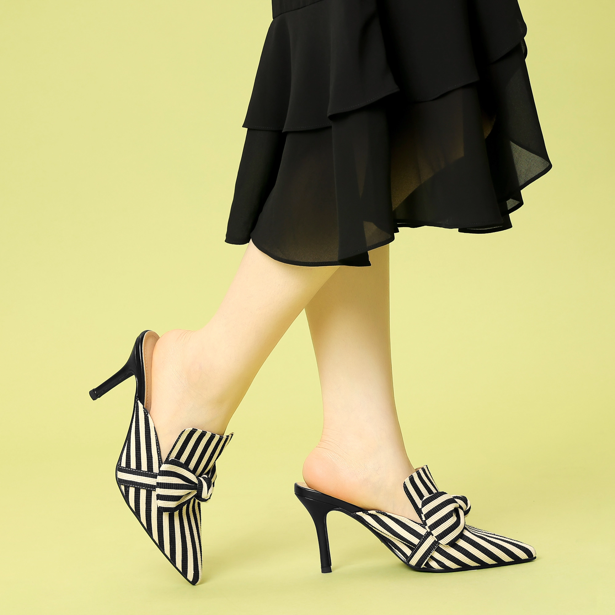 BLISSFUL STEP Women's Stripe Bow Slip on Stiletto Heel Slides Mules
