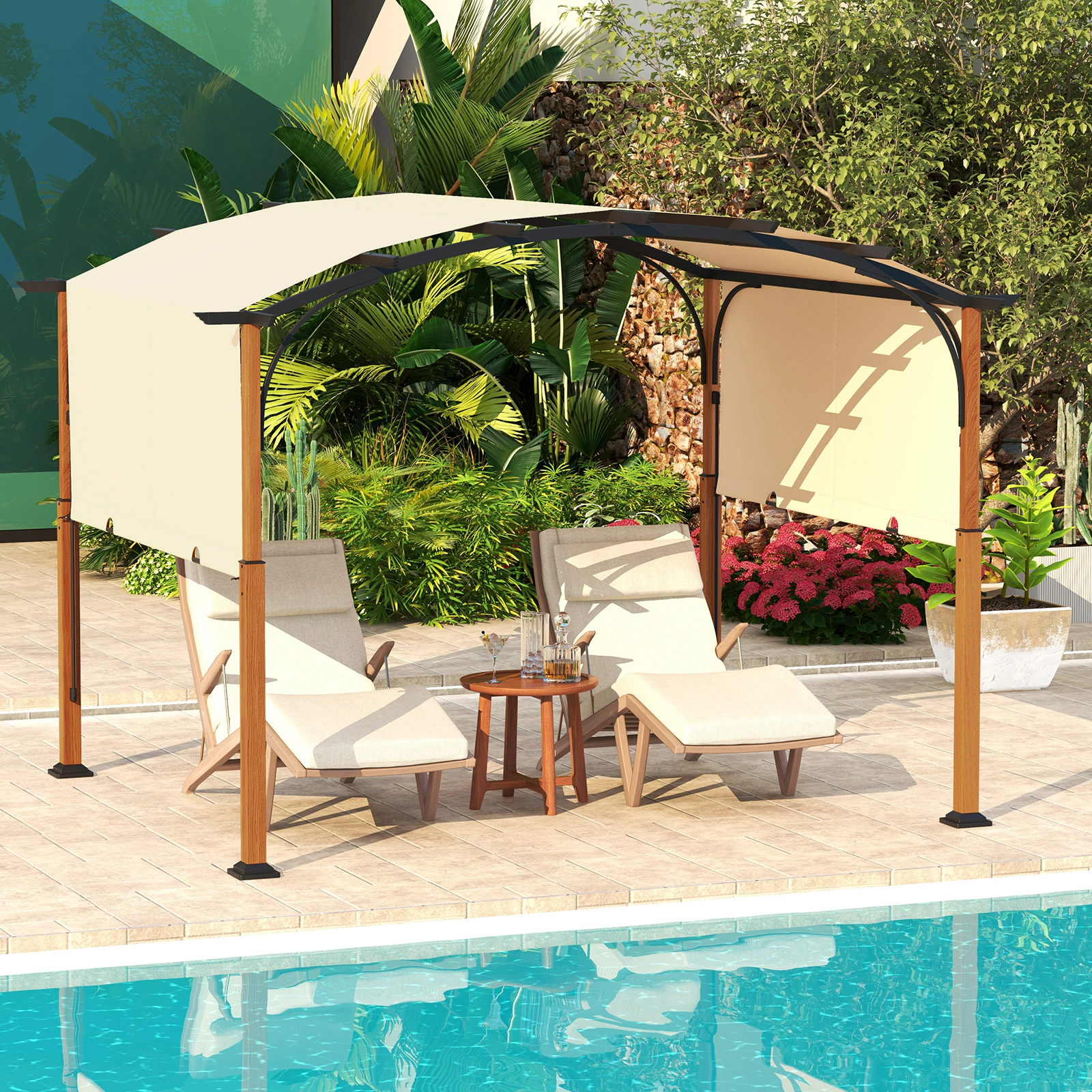 SUGIFT 10-ft x 12-ft Beige Outdoor Retractable Pergola with Sliding Sun Shade Canopy for Patio and Deck