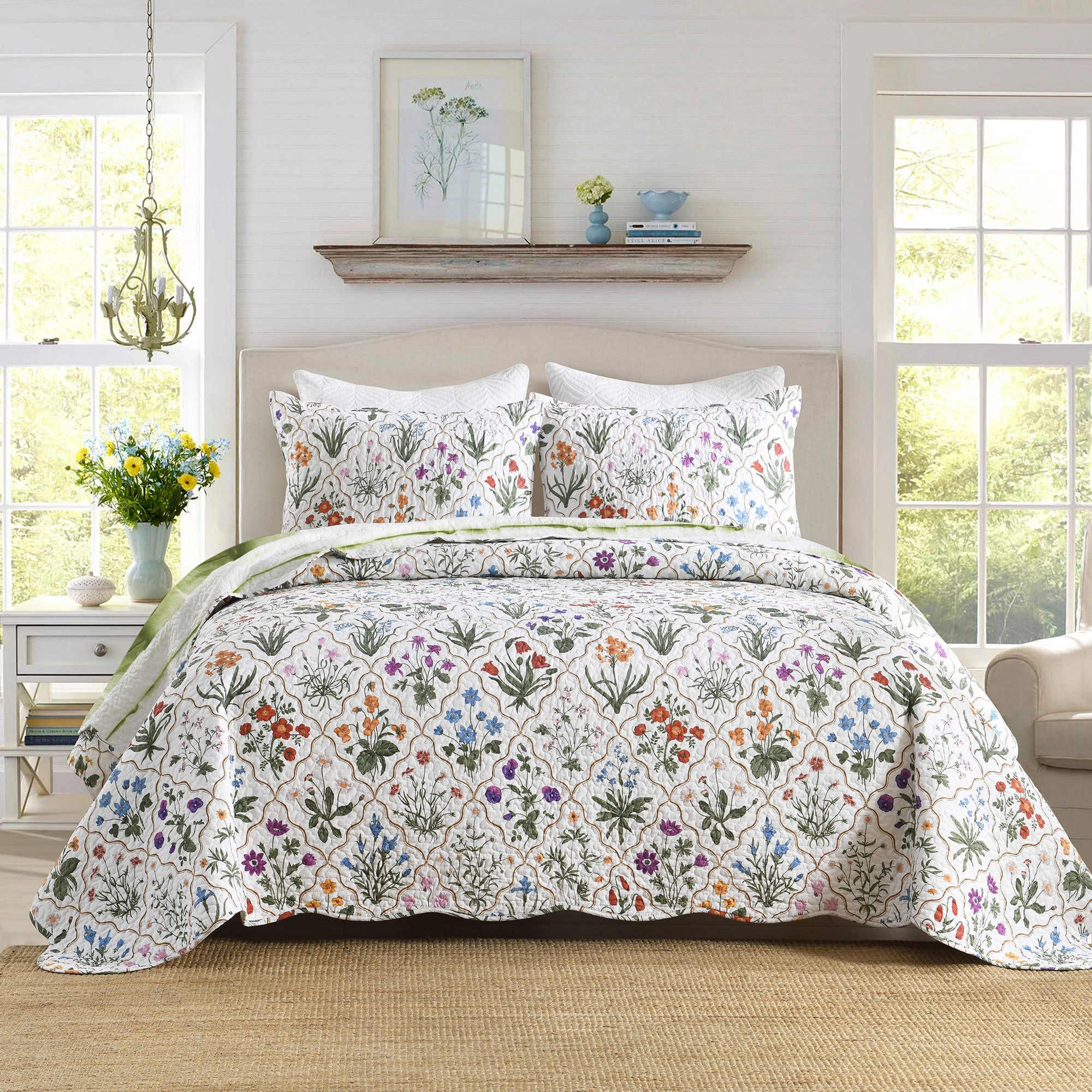 MarCielo 3 Pieces Soft Floral Quilt Set - Botanical Print Quilted Bedspread Set