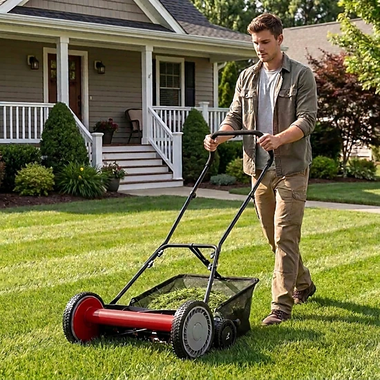 SUGIFT Red 18-in 5 Blade Push Reel Lawn Mower with Removable Grass Catcher 10-in Front Wheels