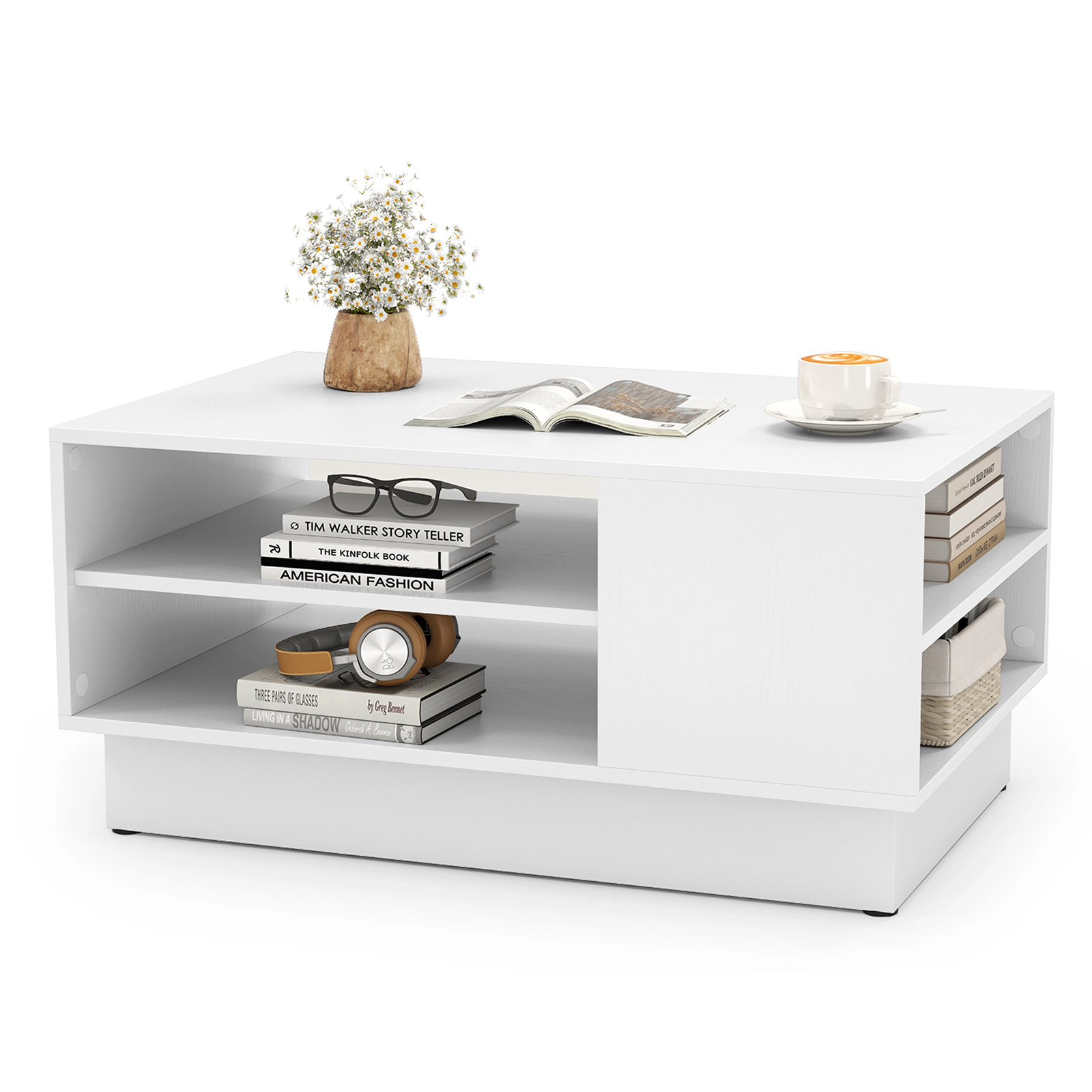 Glintex 34-Inch Coffee Table with 2-Tier Open Shelves and Recessed Base, White
