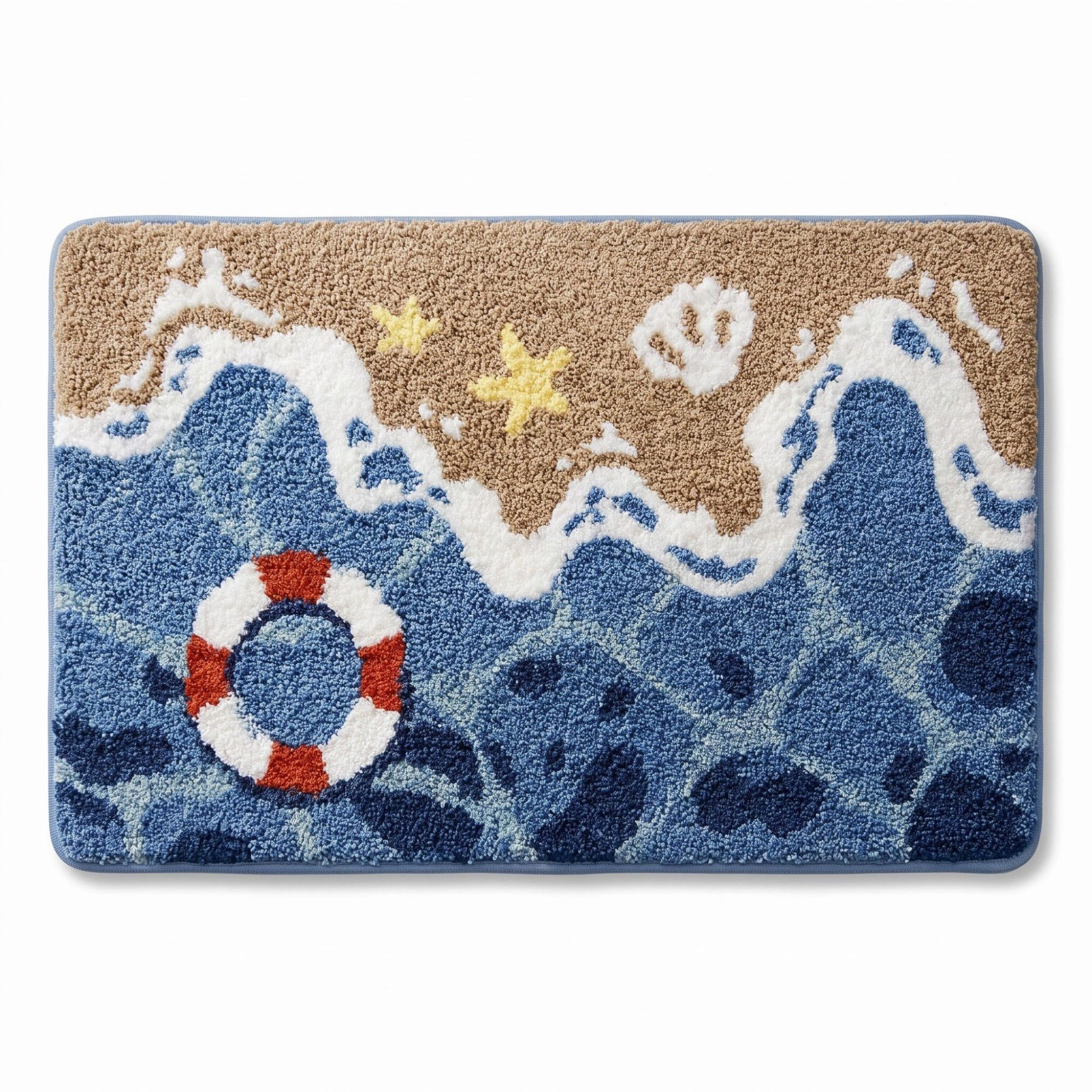 Alilang Unisex Coastal Ocean Wave Plush Bathroom Mat with Life Preserver and Seashell Design