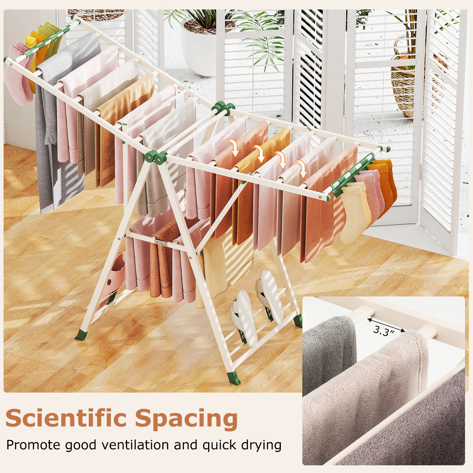 SUGIFT 64-in 90-lb Capacity Clothes Drying Rack with Adjustable Wings 28 Sock Clips and 4 Shoe Holders