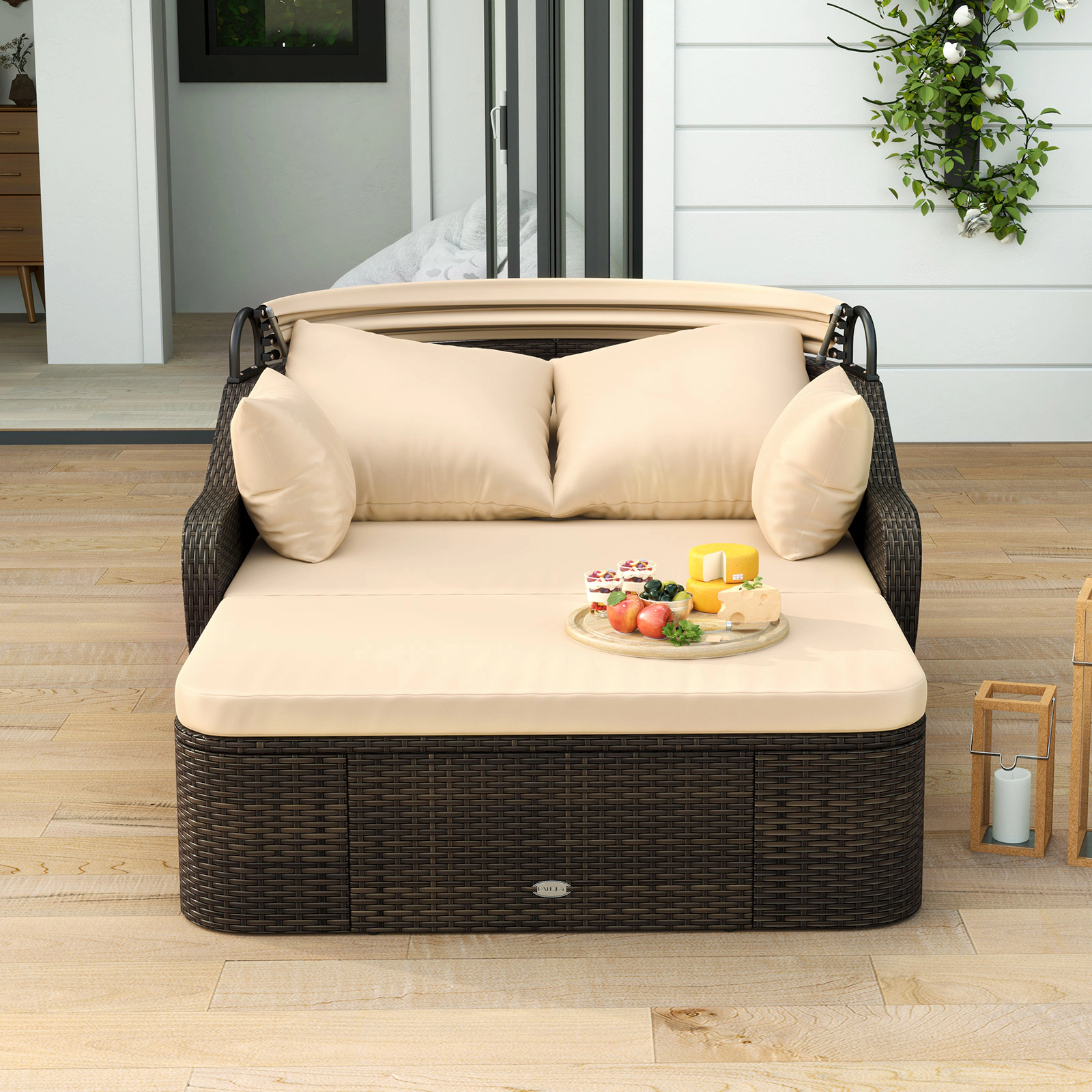 LJG Patio PE Rattan Daybed with Retractable Canopy and Soft Cushions