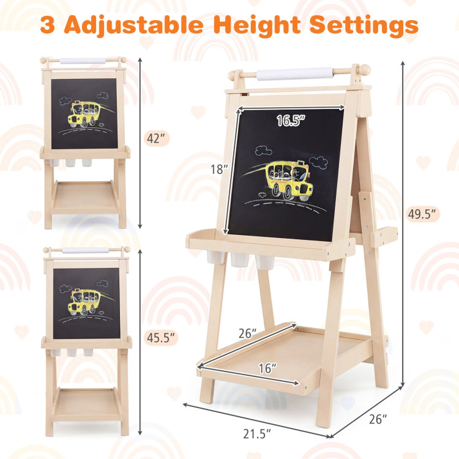 SUGIFT 3-in-1 Double-sided Art Easel with Chalkboard and Magnetic Whiteboard 33-lb Tray Capacity Ages 3+ Natrual