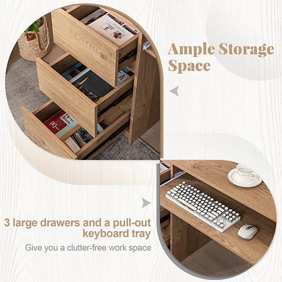 SUGIFT Natural Power Outlet Pull-Out Keyboard Tray and 3 Drawers 42 Inch Computer Desk