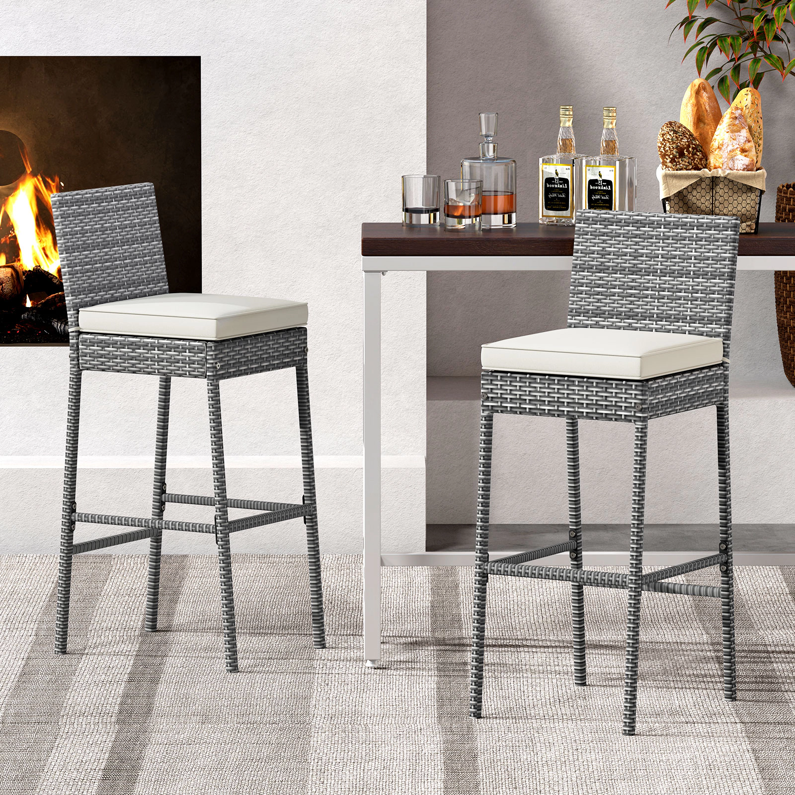 LJG Set of 2/4 Patio Wicker Barstools with Soft Seat Cushion and Cozy Footrest-Set of 4