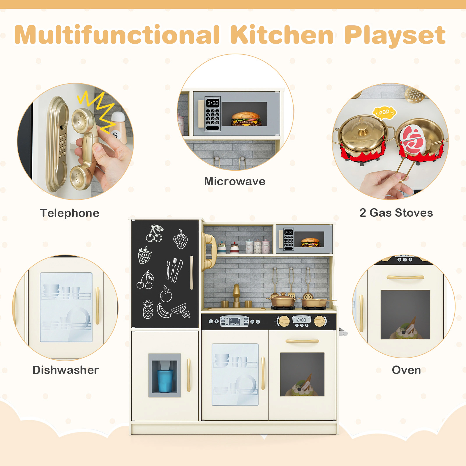 Pretend Play Kitchen Simulated Microwave Dishwasher Ice Maker Oven 32-in Toy Kitchen Playset Ages 3-6 Cream White