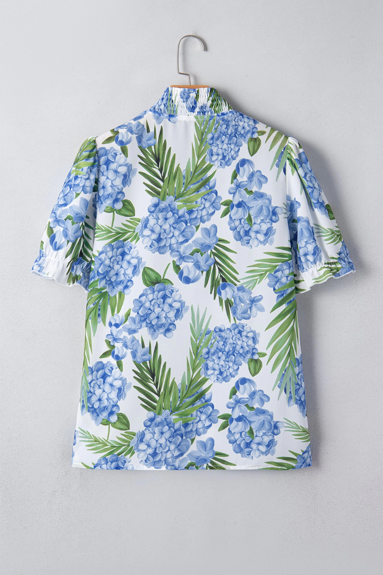 Threaded Pear Sky Blue Palm Floral V-Neck Short Sleeve Blouse