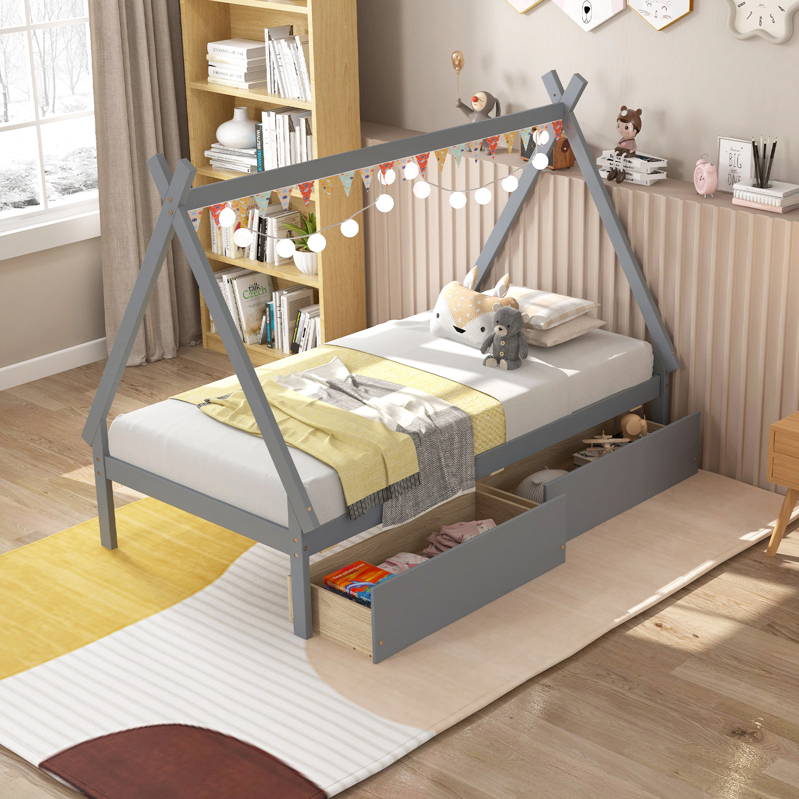 SUGIFT Twin Size Wooden Tent Platform House Bed with 2 Storage Drawers 200-Lb Capacity Gray