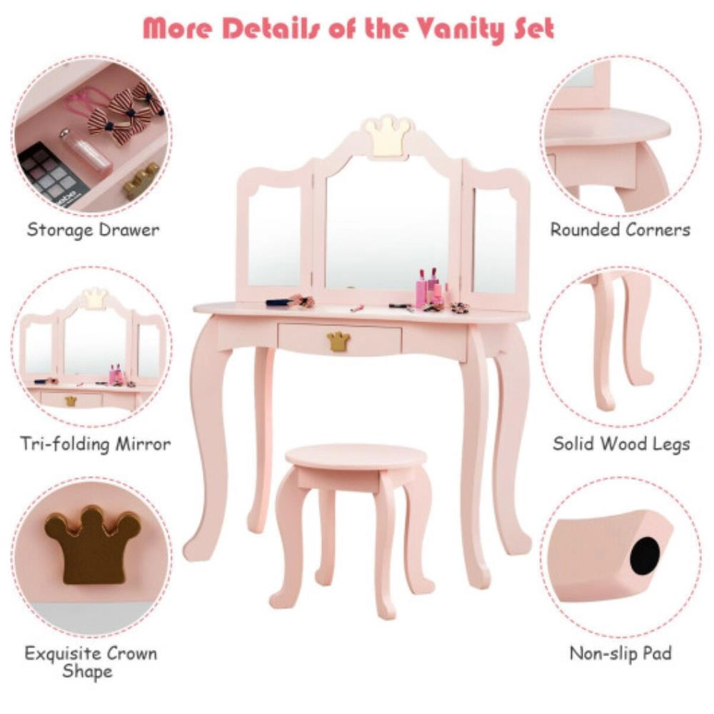 Hivvago Kids Makeup Dressing Table With Tri-Folding Mirror And Stool
