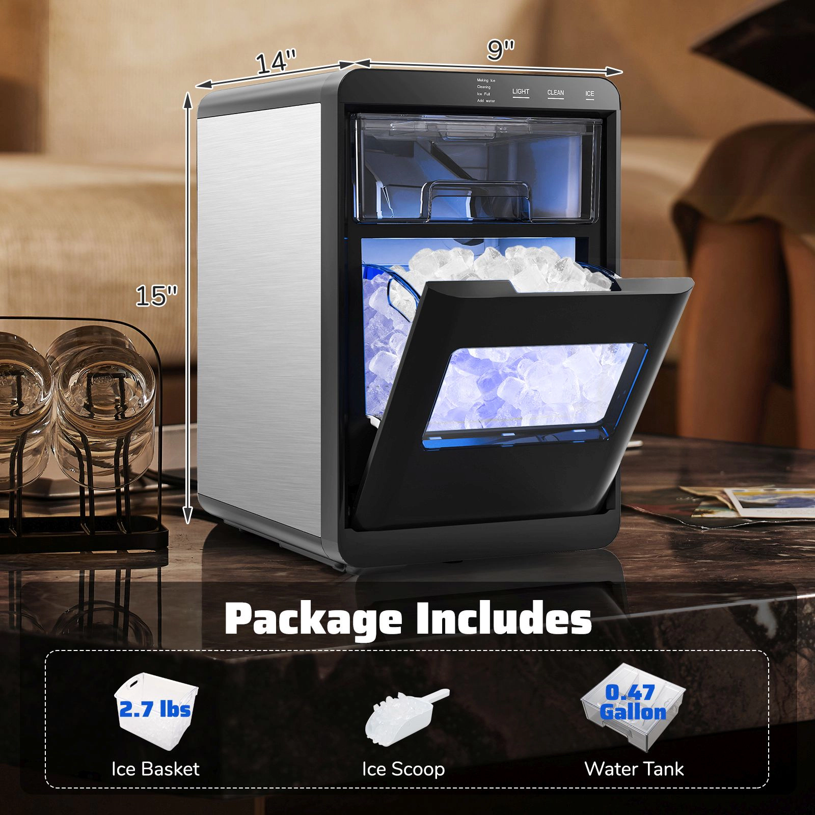 SlickBlue Black Portable Nugget Ice Maker Countertop Machine with Self Cleaning