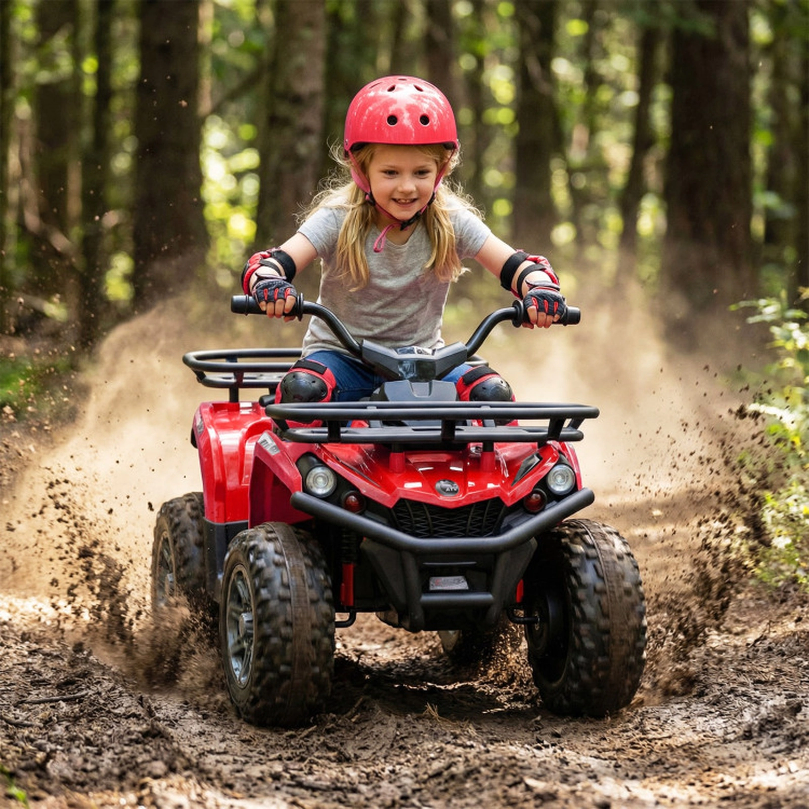 SUGIFT 24V 66-lb Capacity Red Kids Ride On ATV Quad with Dual 35W Motors 2-Speed Shifter and LED Headlights