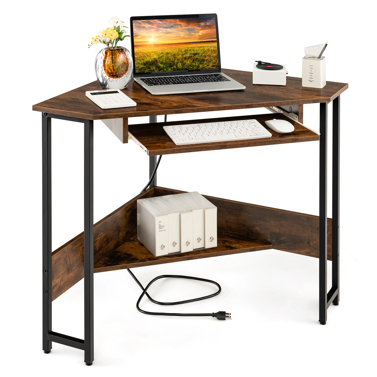 SUGIFT Rustic Brown Charging Station Keyboard Tray and Storage Shelf Triangle Corner Desk
