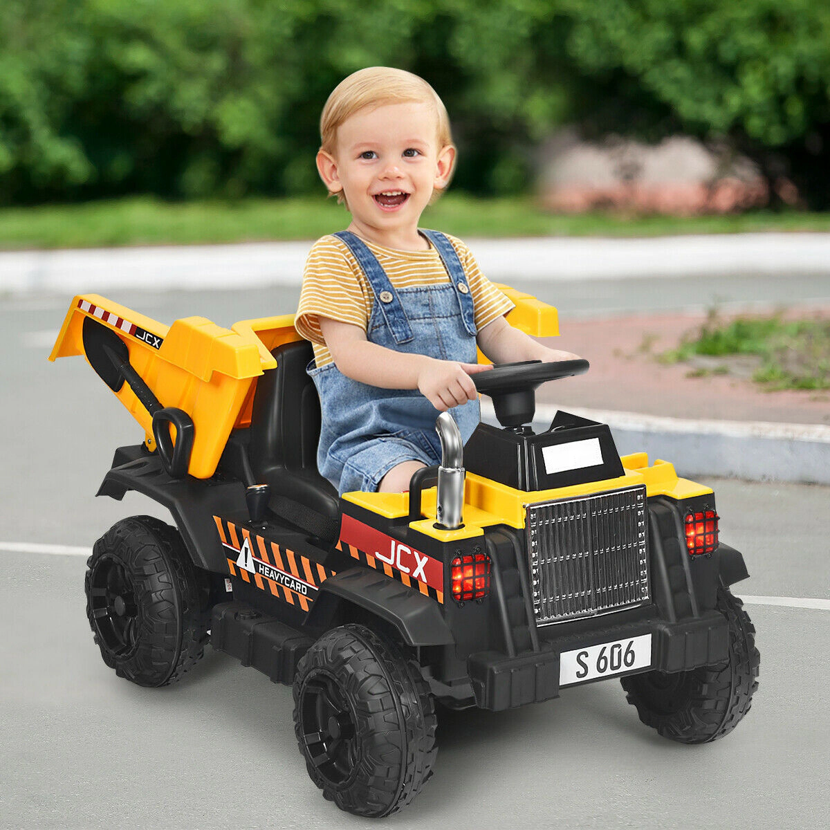 Glintex 12V Kids Ride-On Dump Truck with Electric Bucket and Detachable Shovel, Yellow