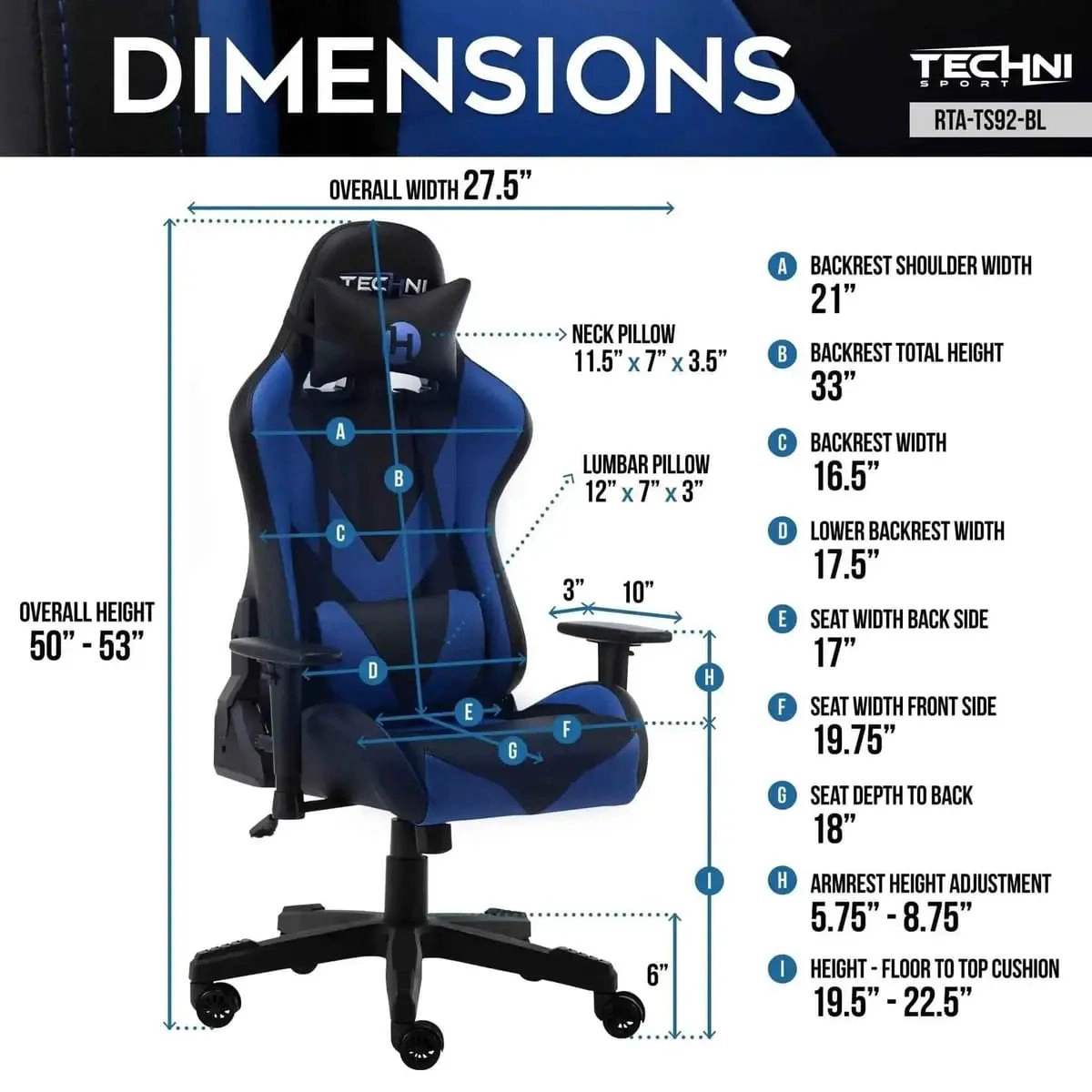 Platinum-Level Office Chairs Techni Sport TS-92 Ergonomic Gaming Chair with Reclining Lumbar Support & Headrest