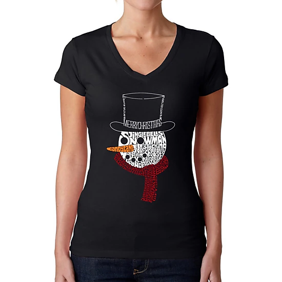 LA Pop Art Womens Word Art V-Neck T-Shirt - Snowman Face